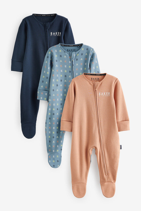 Blue/Navy/Rust Baker by Ted Baker 100% Cotton Sleepsuit 3 Pack