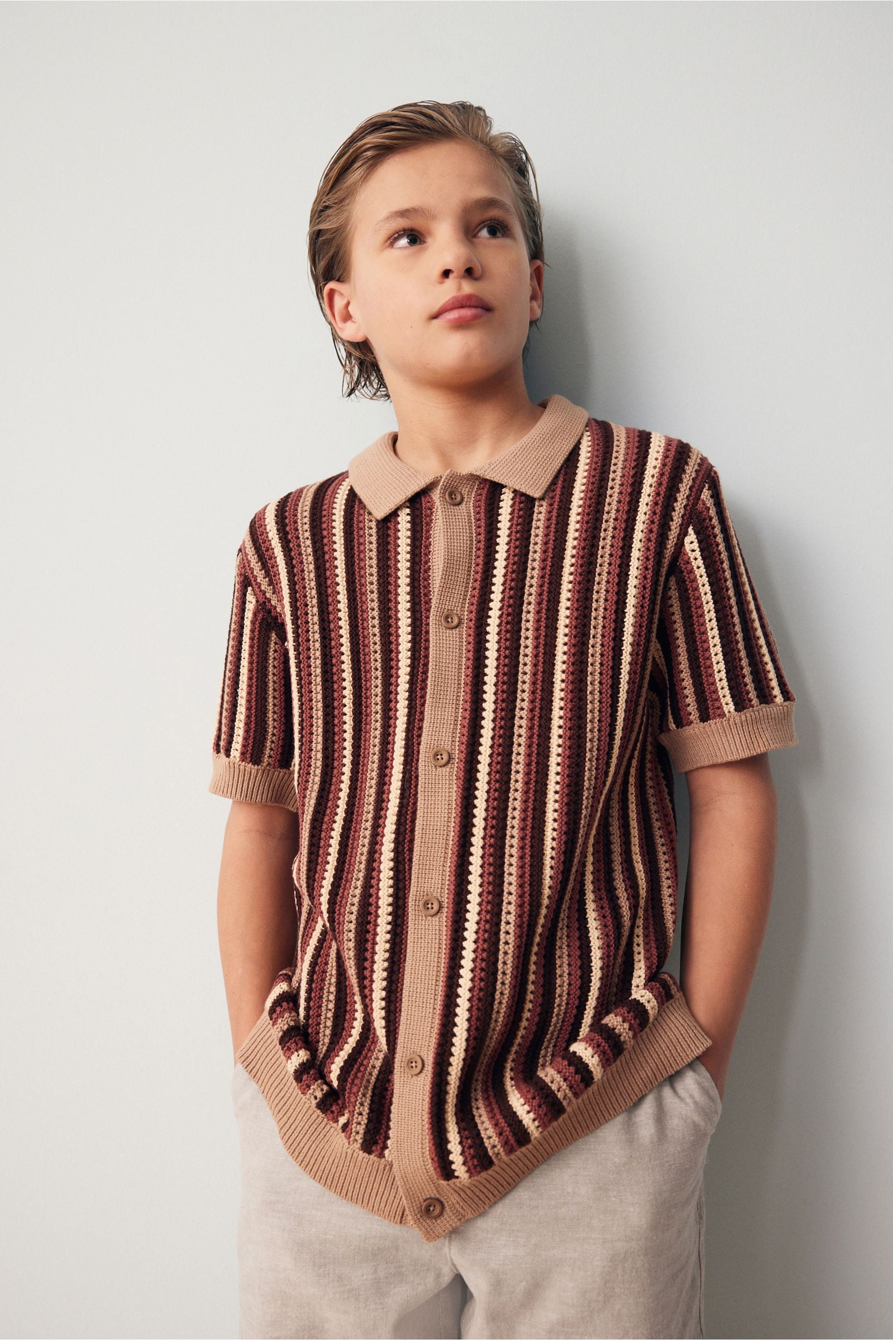 Rust Brown Short Sleeve Crochet Shirt (3-16yrs)