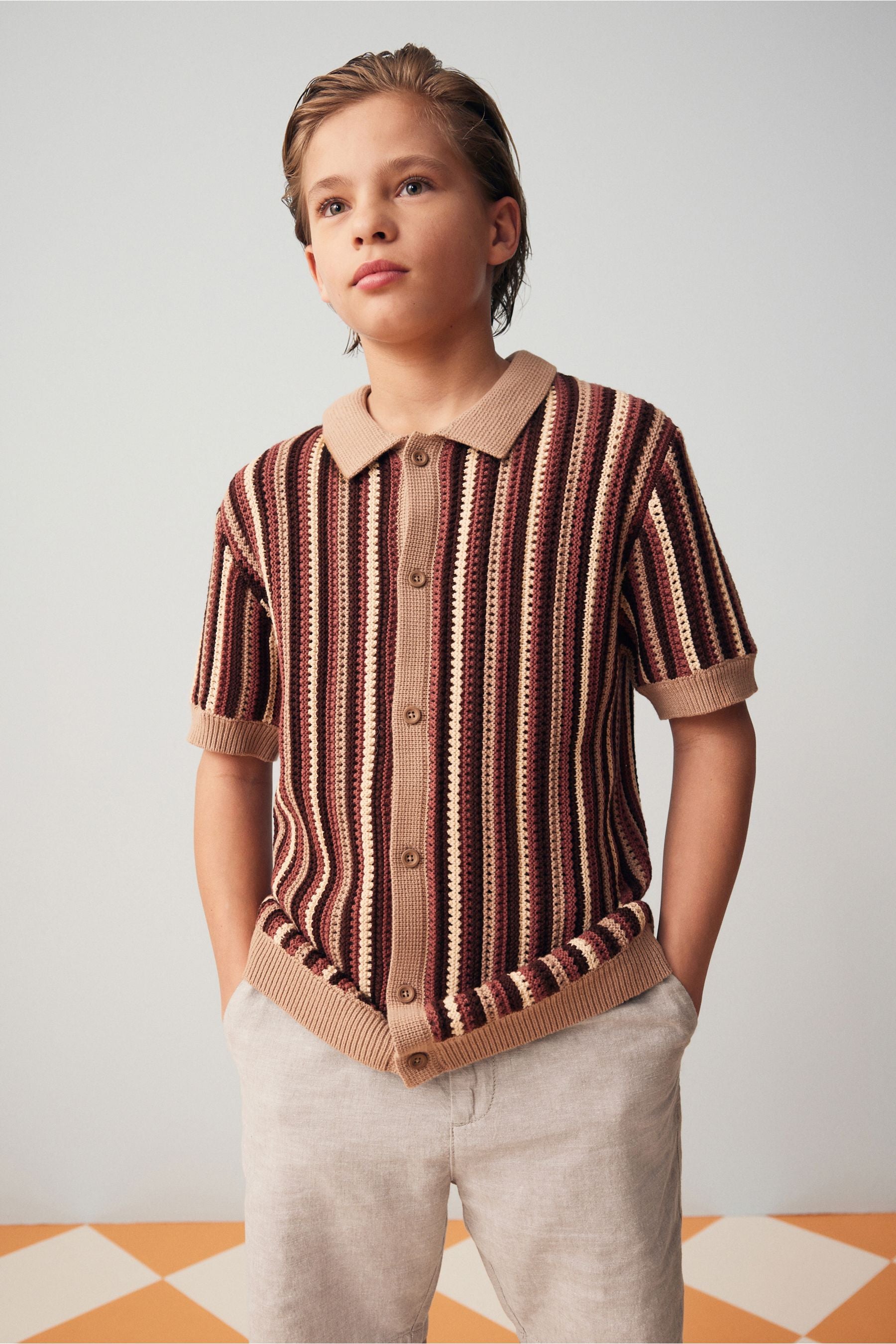 Rust Brown Short Sleeve Crochet Shirt (3-16yrs)