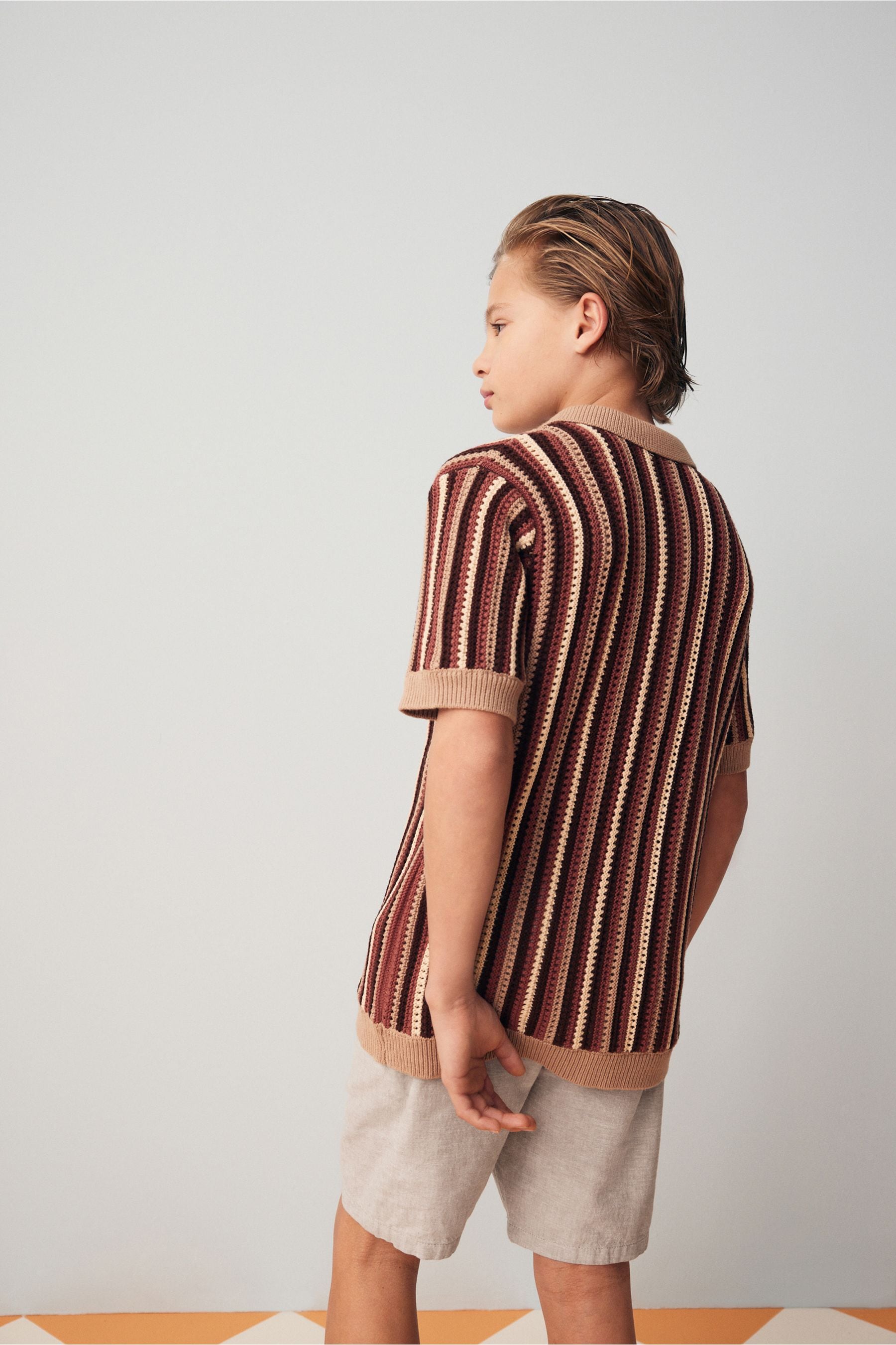 Rust Brown 100% Cotton Short Sleeve Crochet Shirt (3-16yrs)