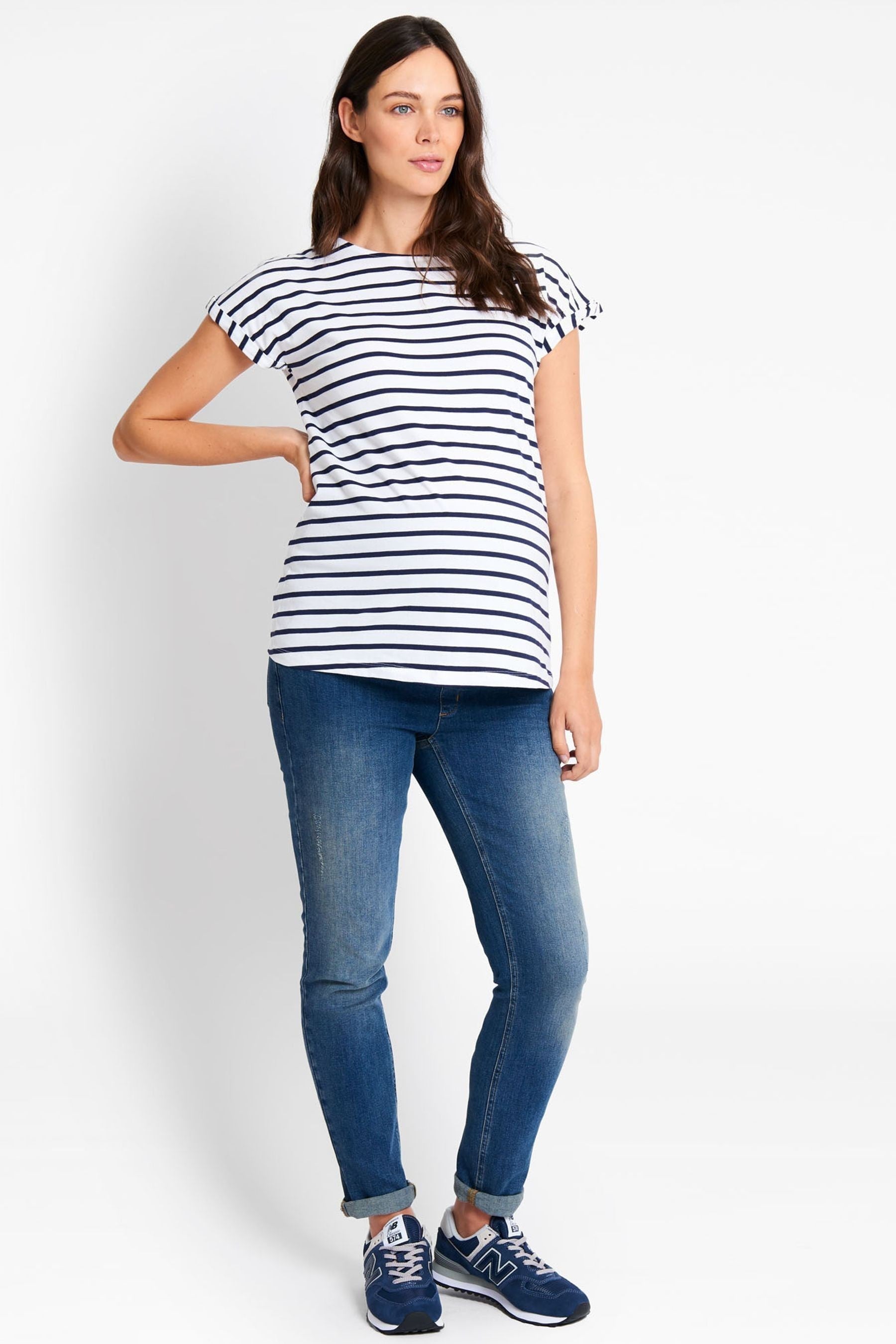 White Navy Stripe JoJo Maman Bébé Boyfriend Cotton Maternity T-Shirt