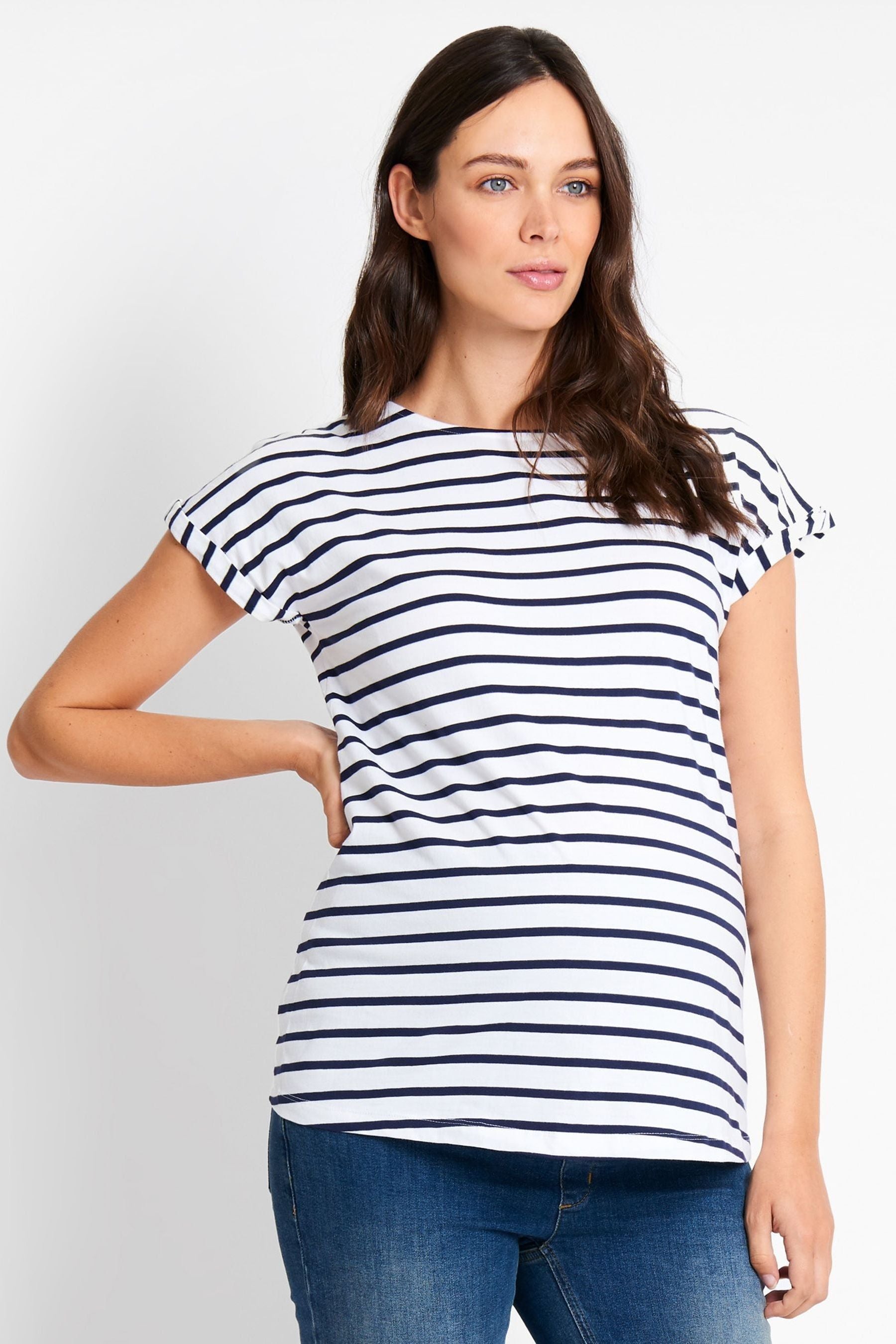 White Navy Stripe JoJo Maman Bébé Boyfriend Cotton Maternity T-Shirt