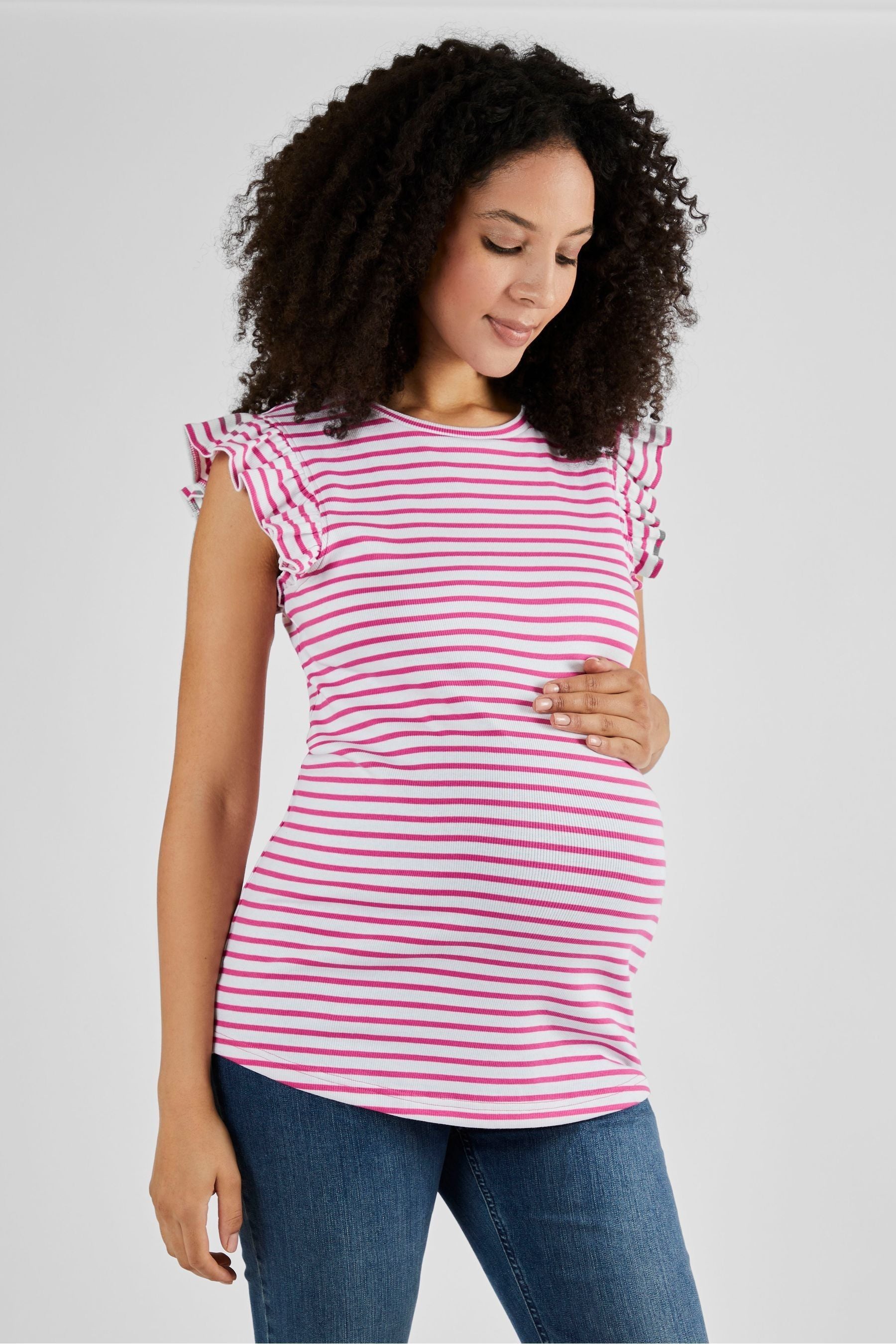 Pink Stripe JoJo Maman Bébé Crew Neck Flutter Maternity Top