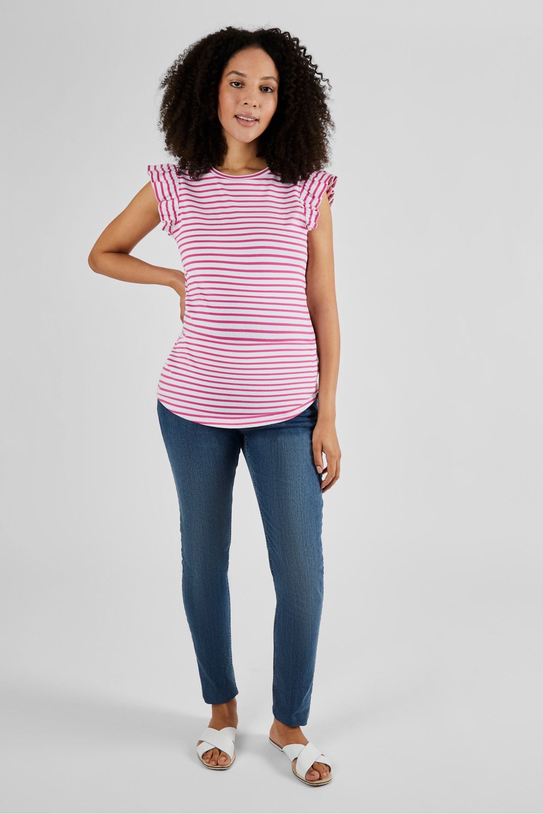 Pink Stripe JoJo Maman Bébé Crew Neck Flutter Maternity Top