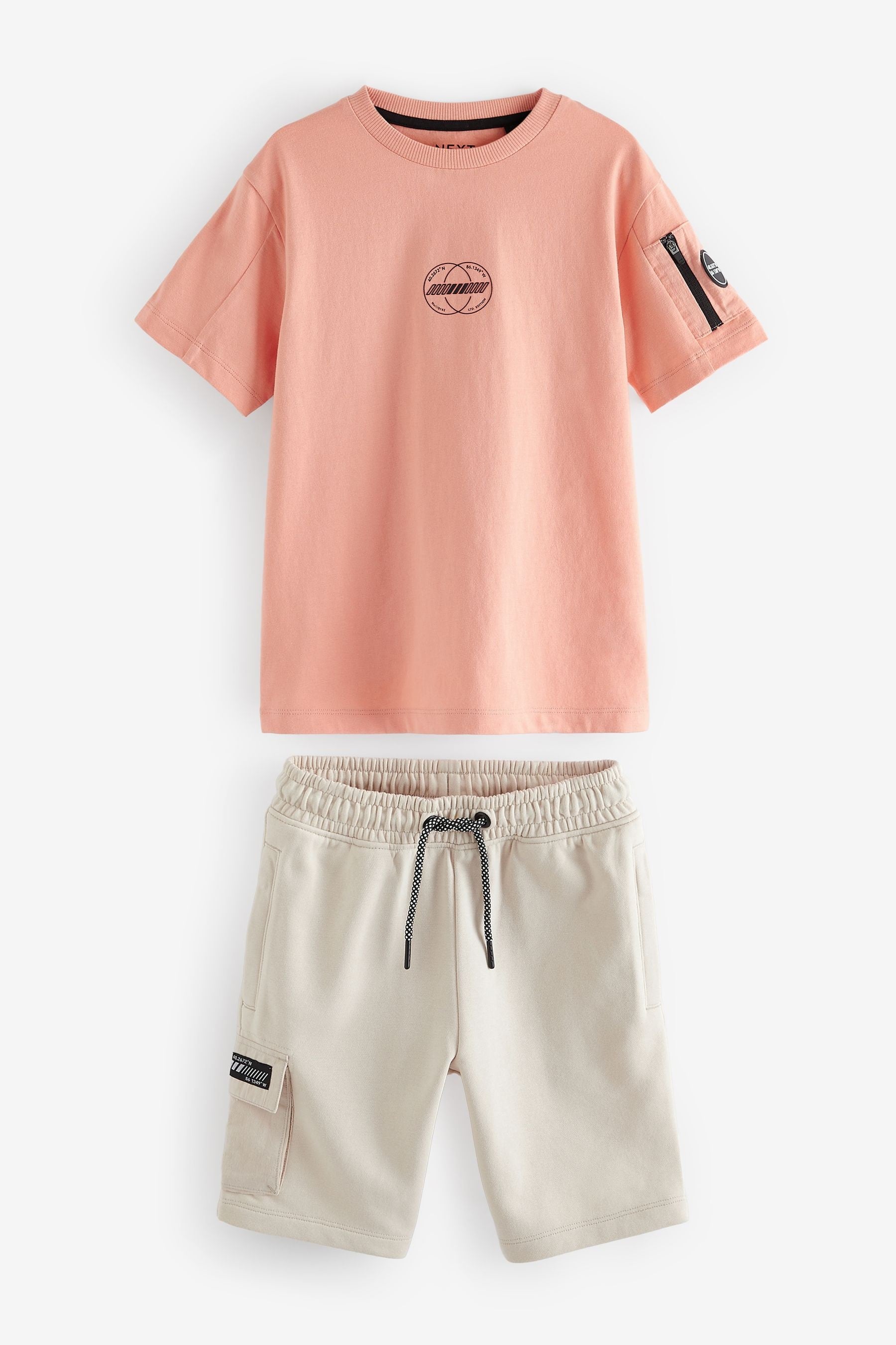 Coral/Stone Utility 100% Cotton T-Shirt and Shorts Set (3-16yrs)