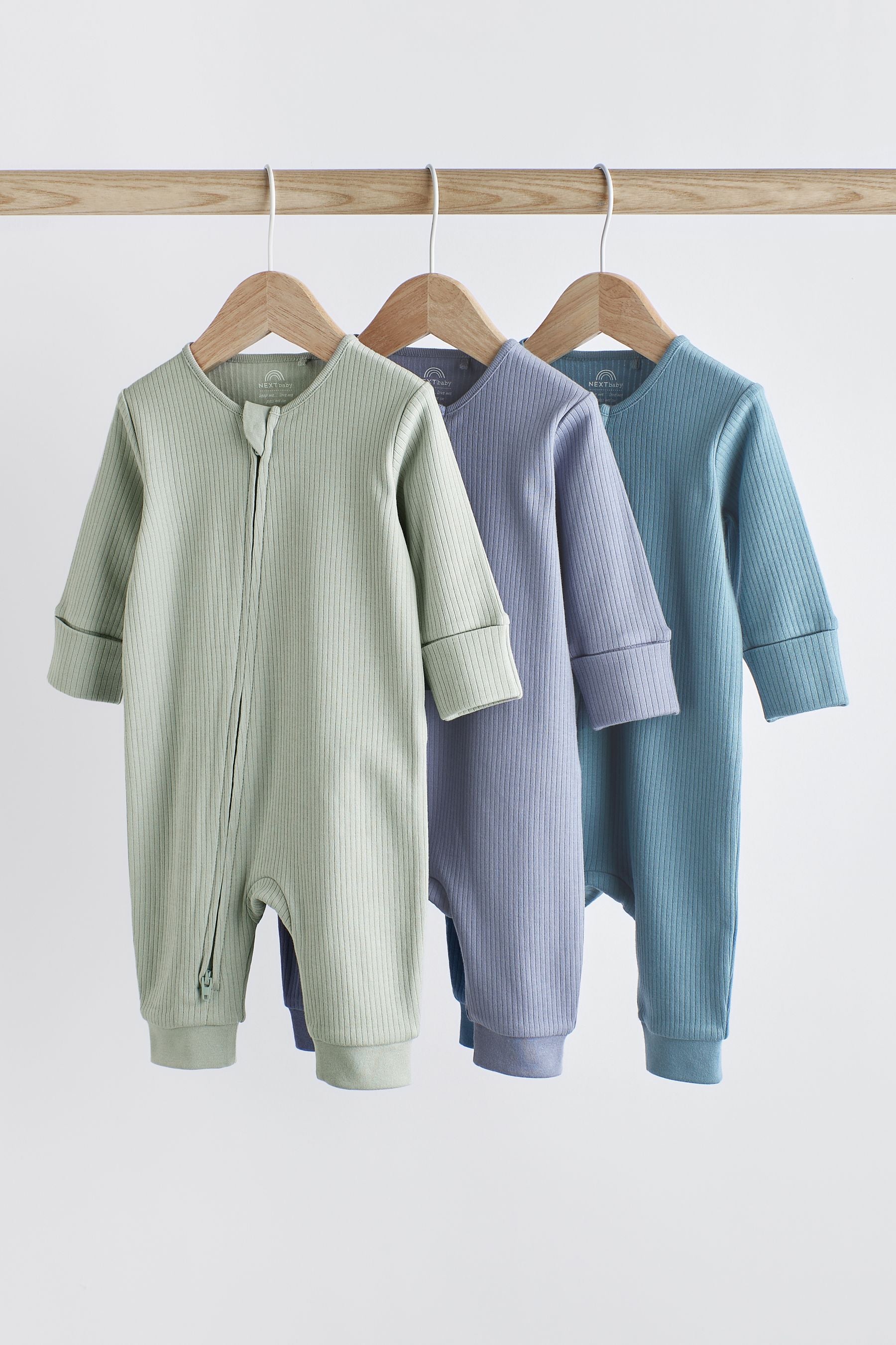 Blue / Grey Cotton Baby Zip Sleepsuits 3 Pack (0-3yrs)