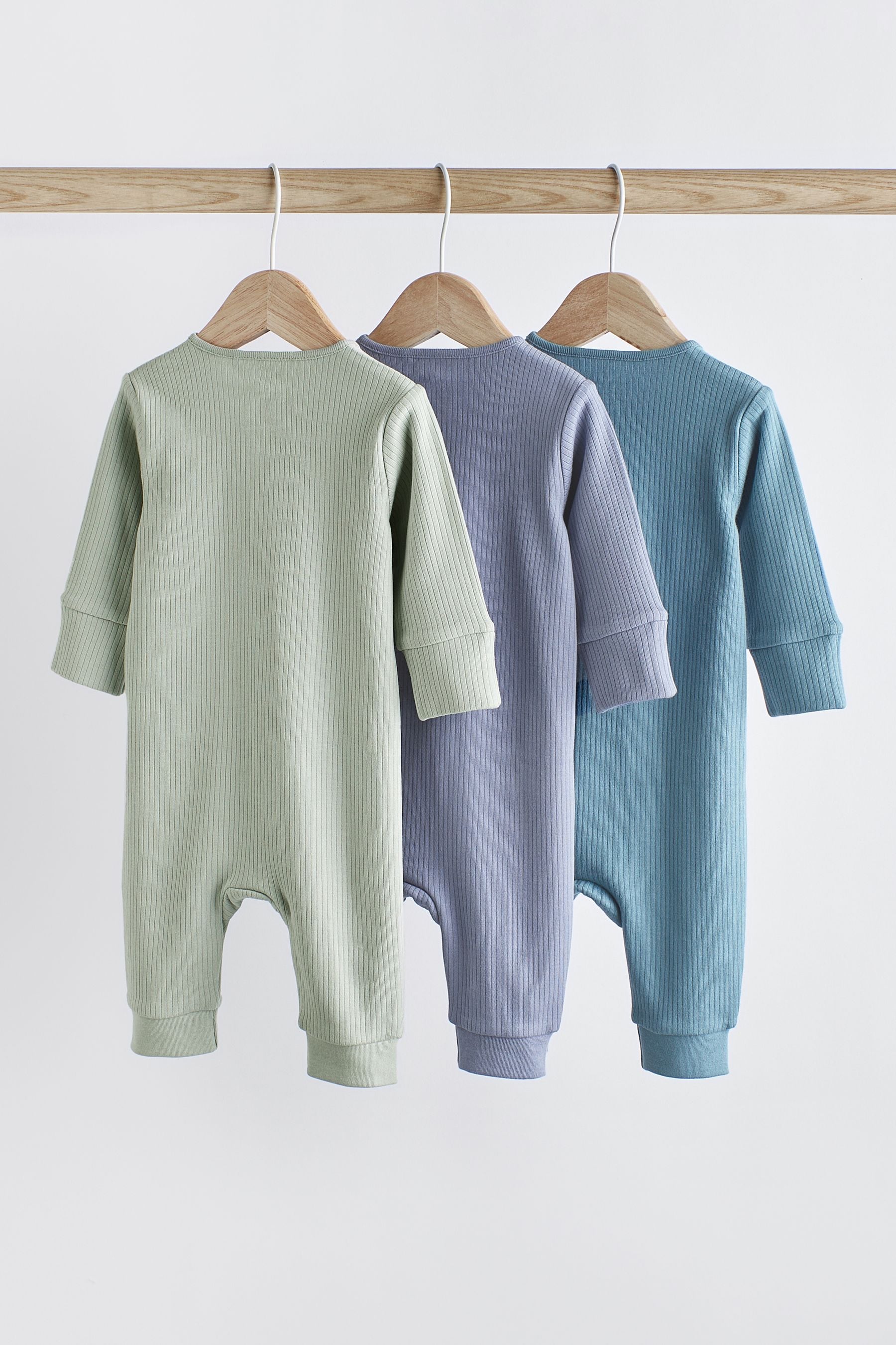 Blue / Grey Cotton Baby Zip Sleepsuits 3 Pack (0-3yrs)