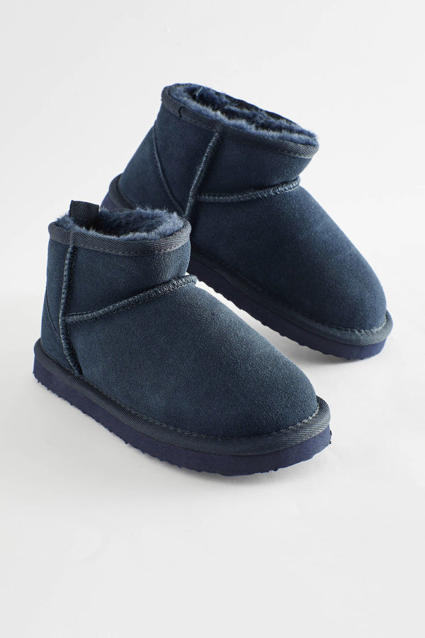 Navy Blue Short Warm Lined Suede Slipper Boots