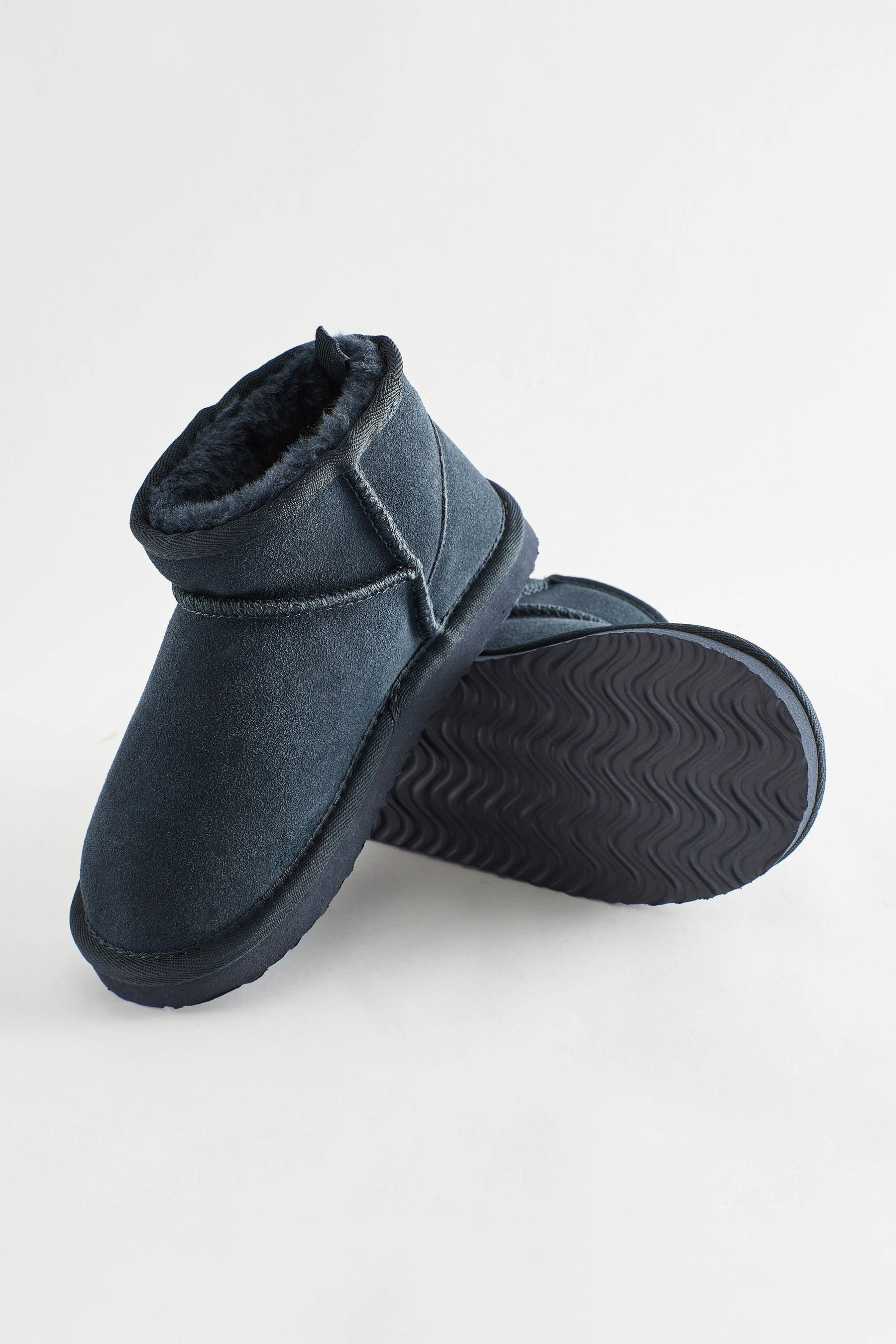 Navy Blue Short Warm Lined Suede Slipper Boots