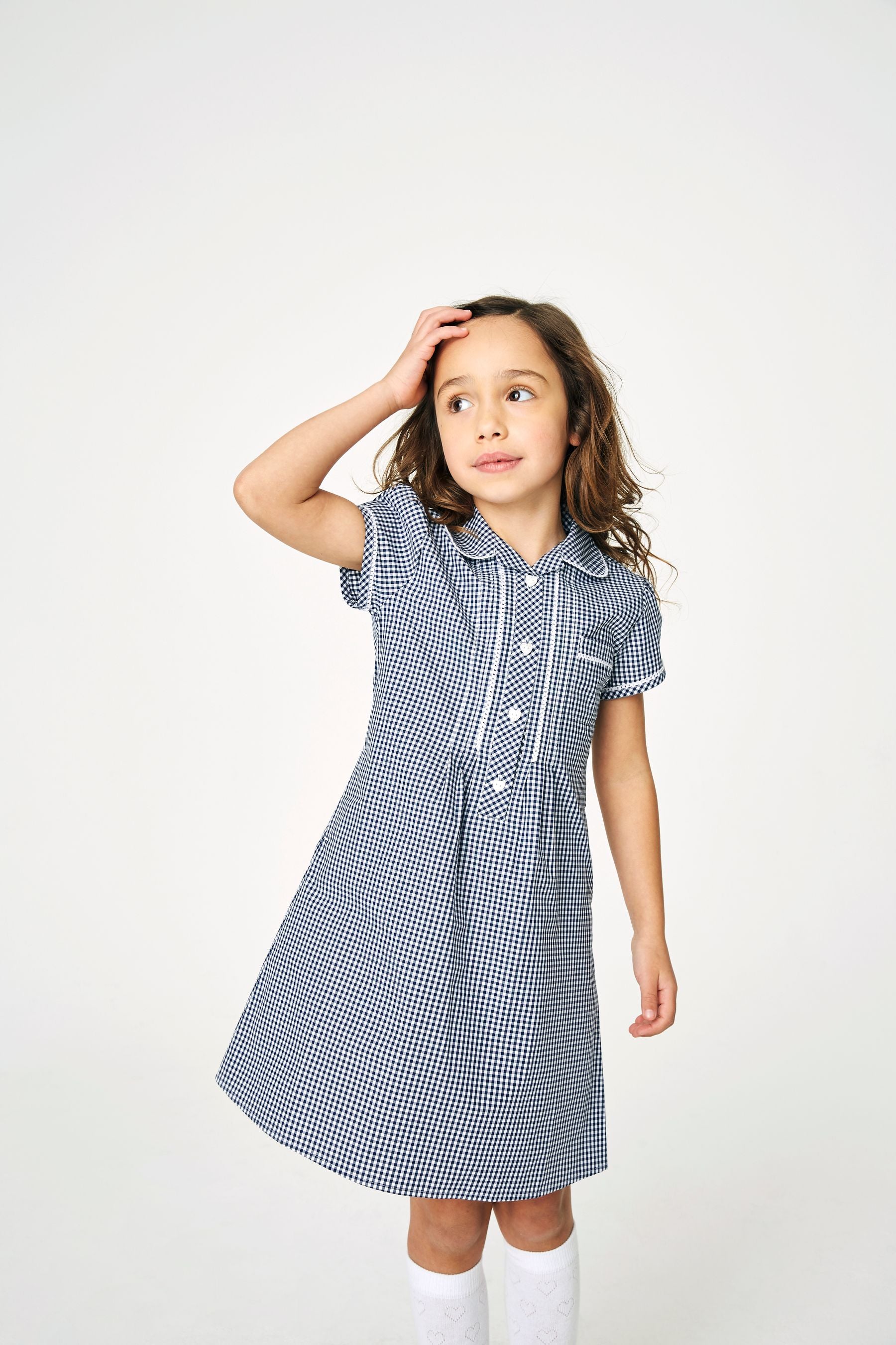 Navy Cotton Rich Button Front Lace Gingham School Dress (3-14yrs)