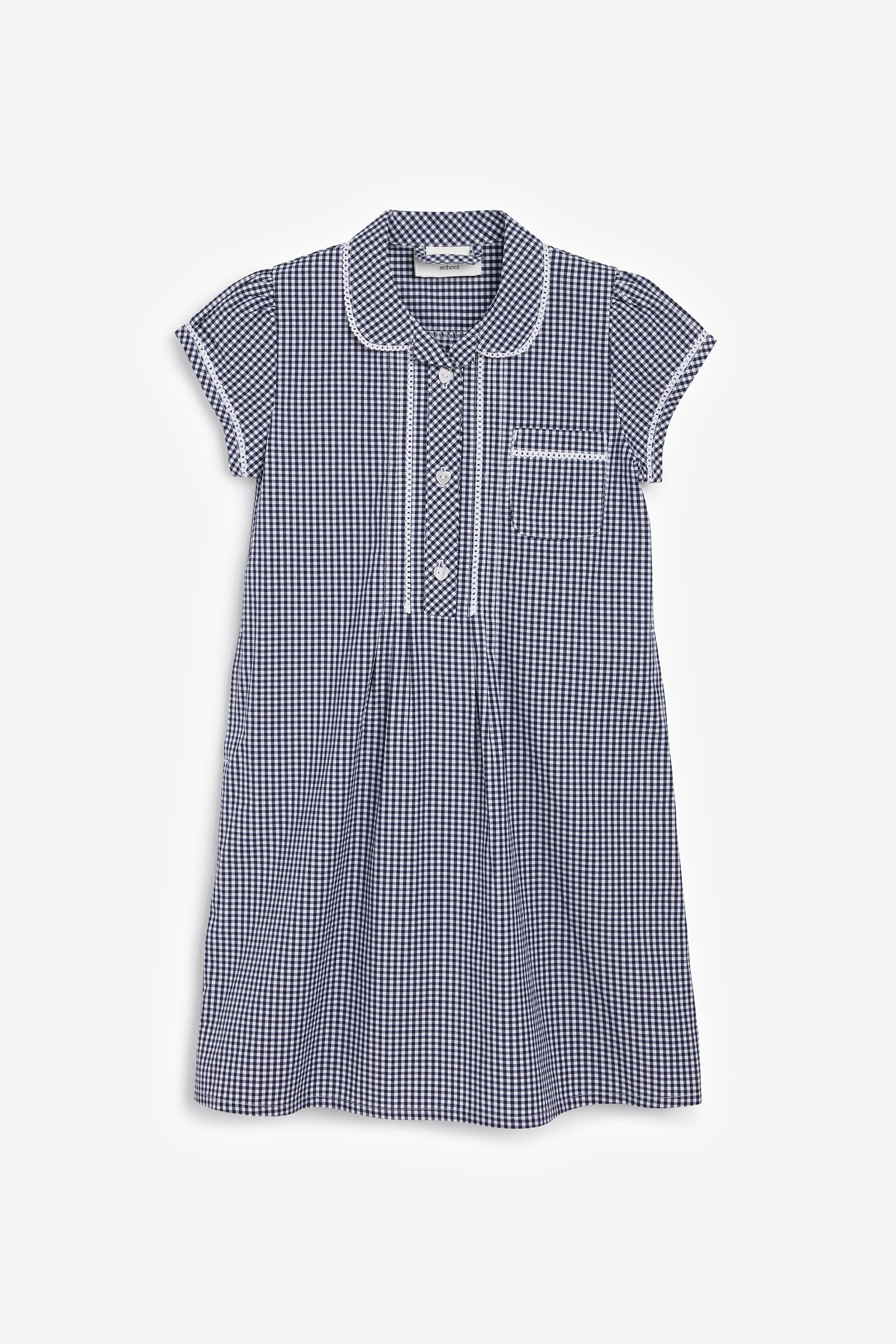 Navy Cotton Rich Button Front Lace Gingham School Dress (3-14yrs)