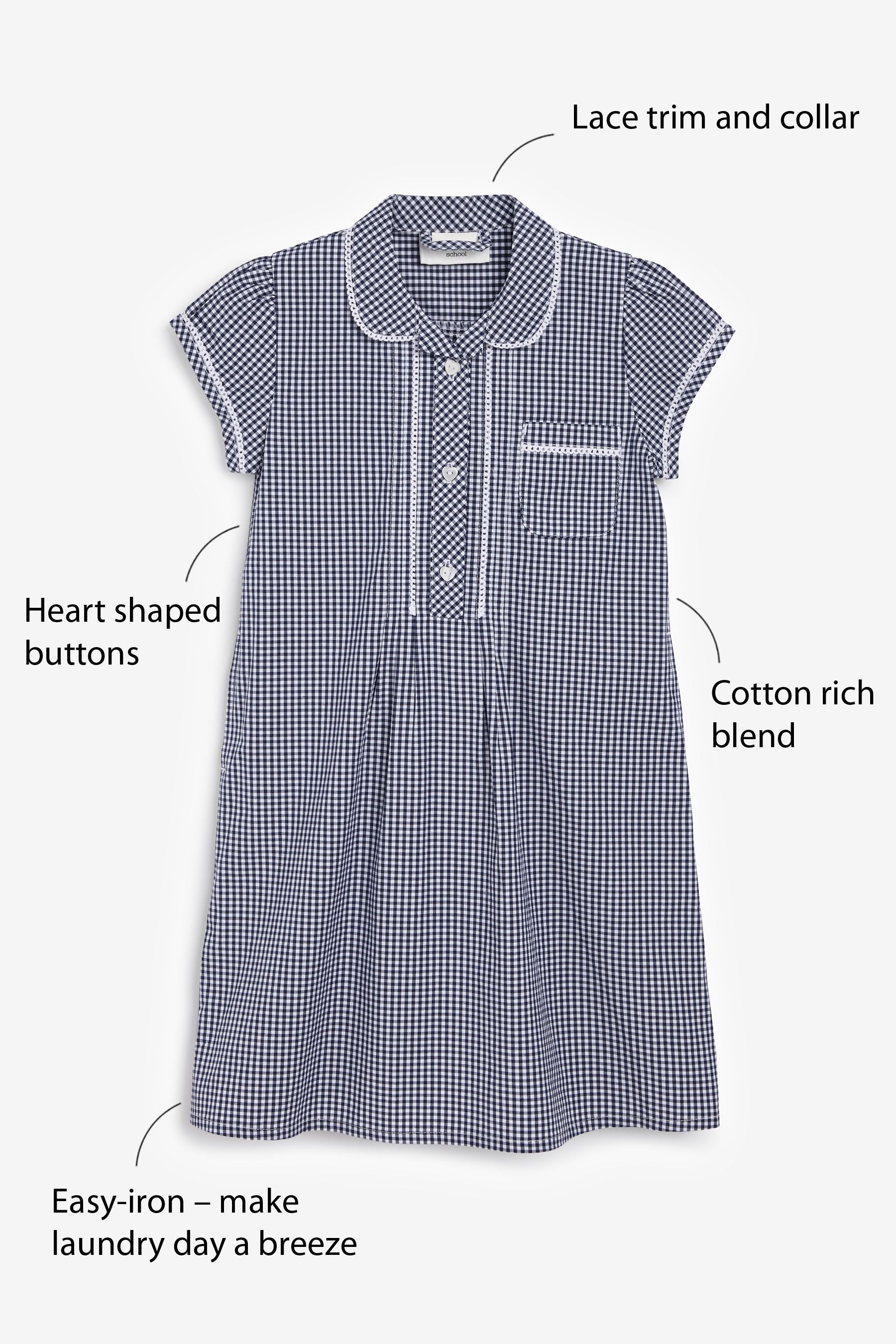 Navy Cotton Rich Button Front Lace Gingham School Dress (3-14yrs)