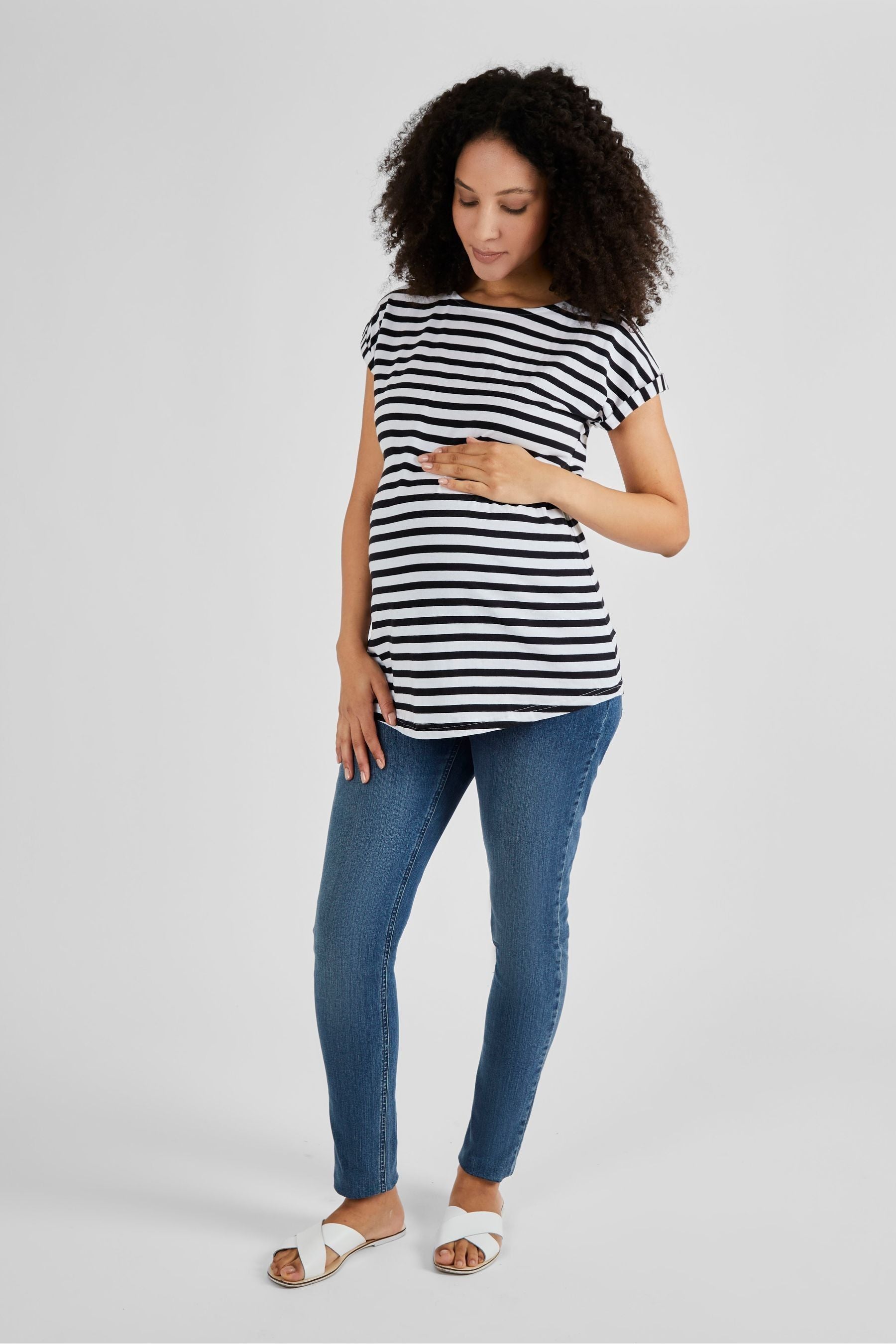 White Black Stripe JoJo Maman Bébé Boyfriend Cotton Maternity T-Shirt