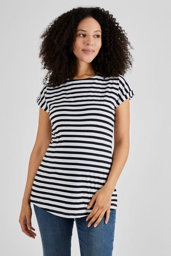 JoJo Maman B?©b?© White Black Stripe Boyfriend Cotton Maternity T-Shirt