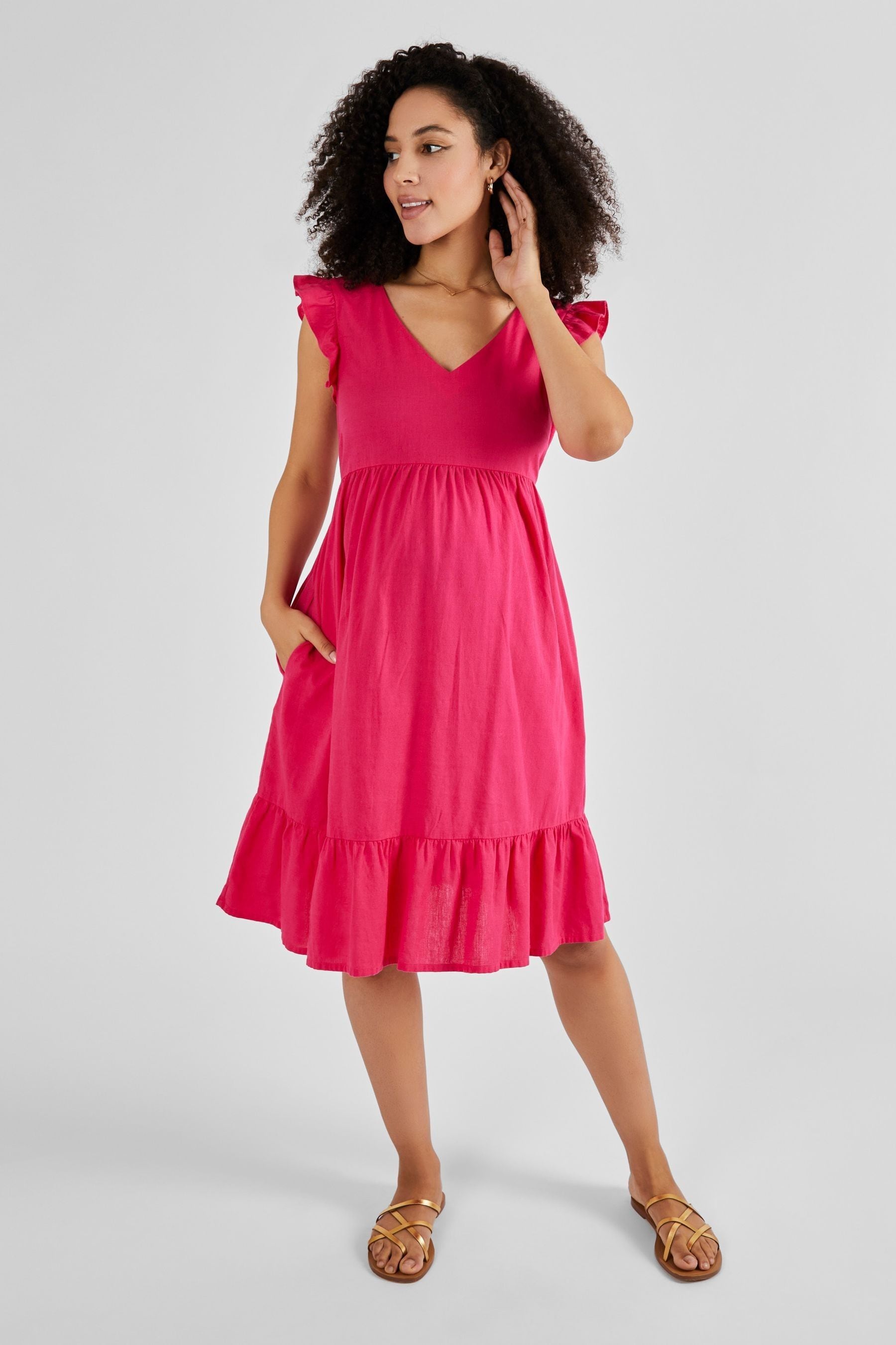 Pink JoJo Maman Bébé Linen Blend Frill Sleeve Maternity Dress