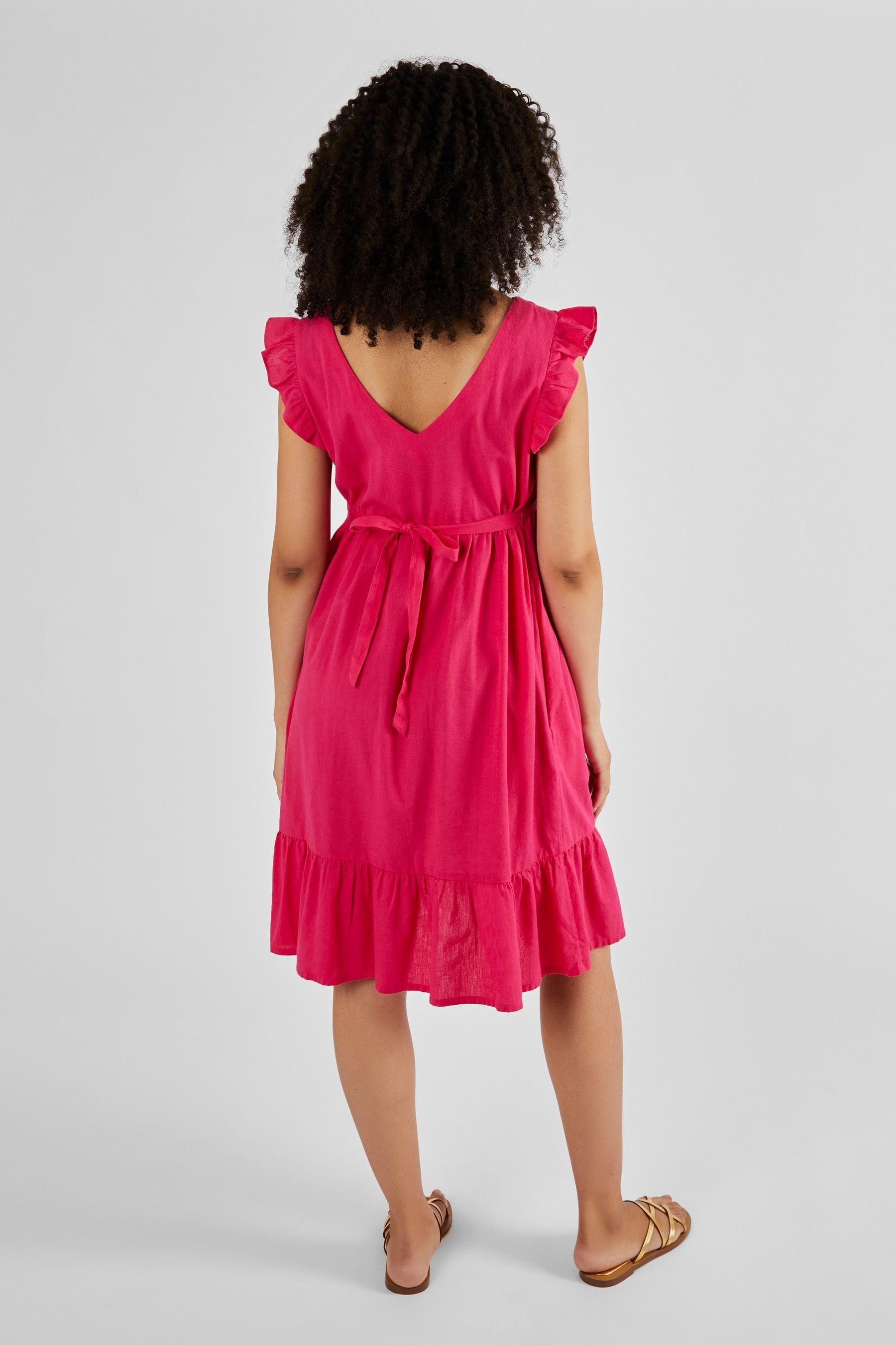 Pink JoJo Maman Bébé Linen Blend Frill Sleeve Maternity Dress