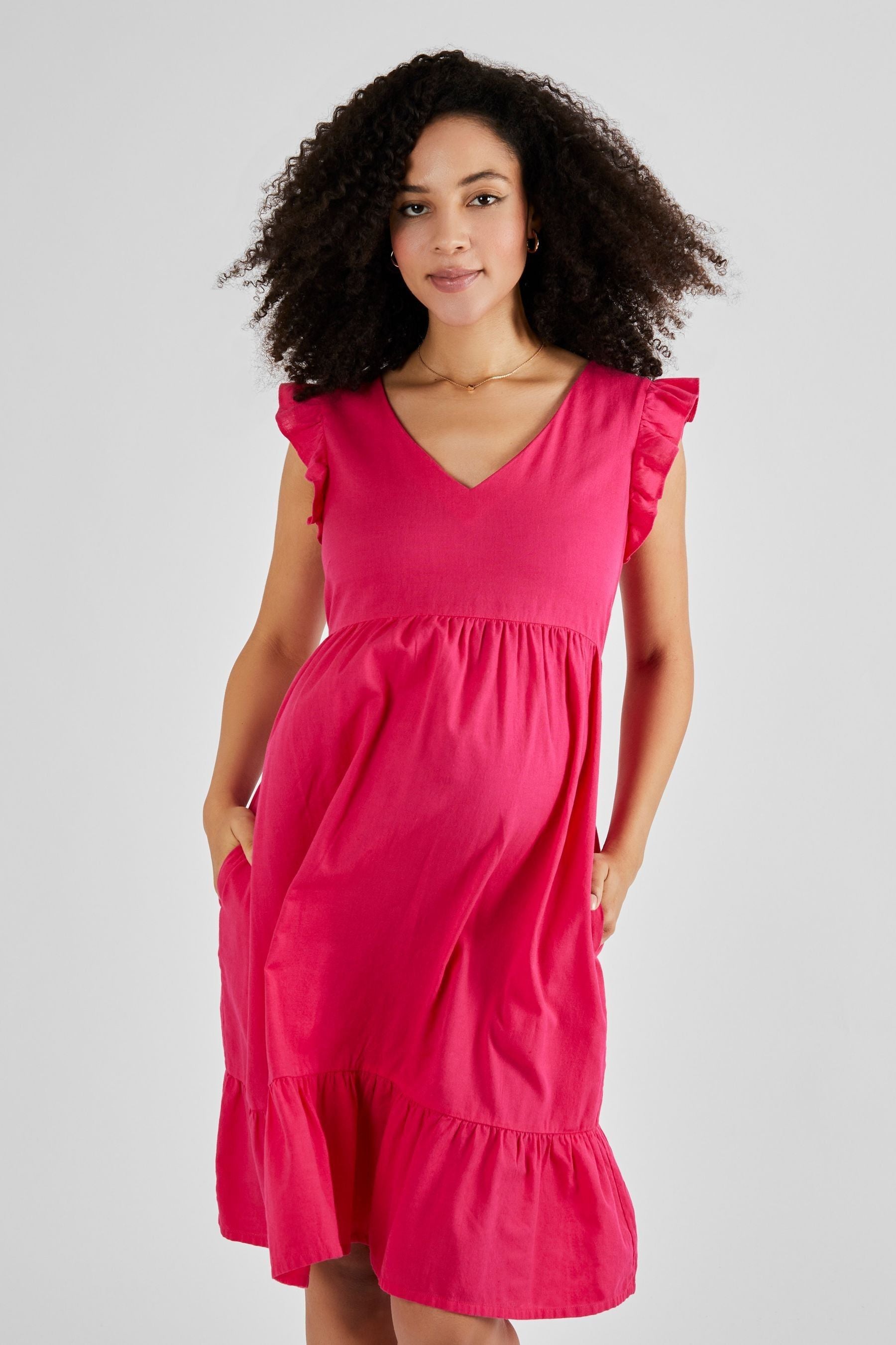 Pink JoJo Maman Bébé Linen Blend Frill Sleeve Maternity Dress