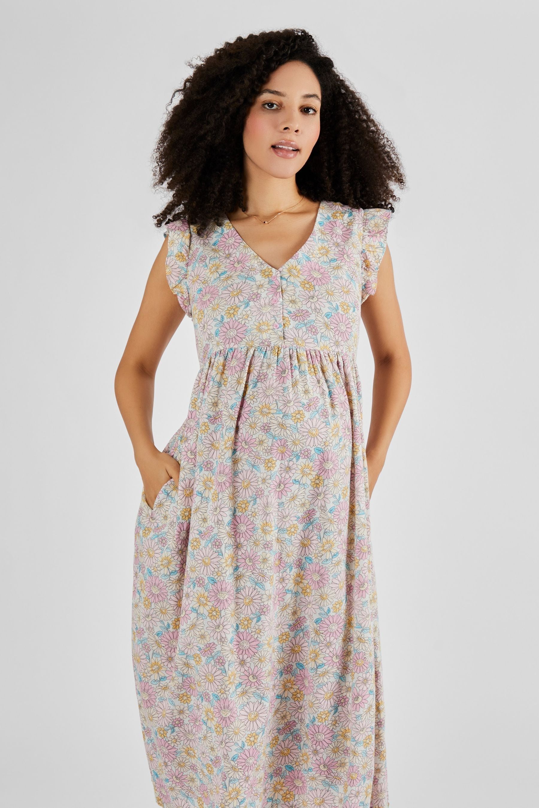 Yellow Pink Sunflowers Print JoJo Maman Bébé Frill Sleeve Maternity Midi Dress