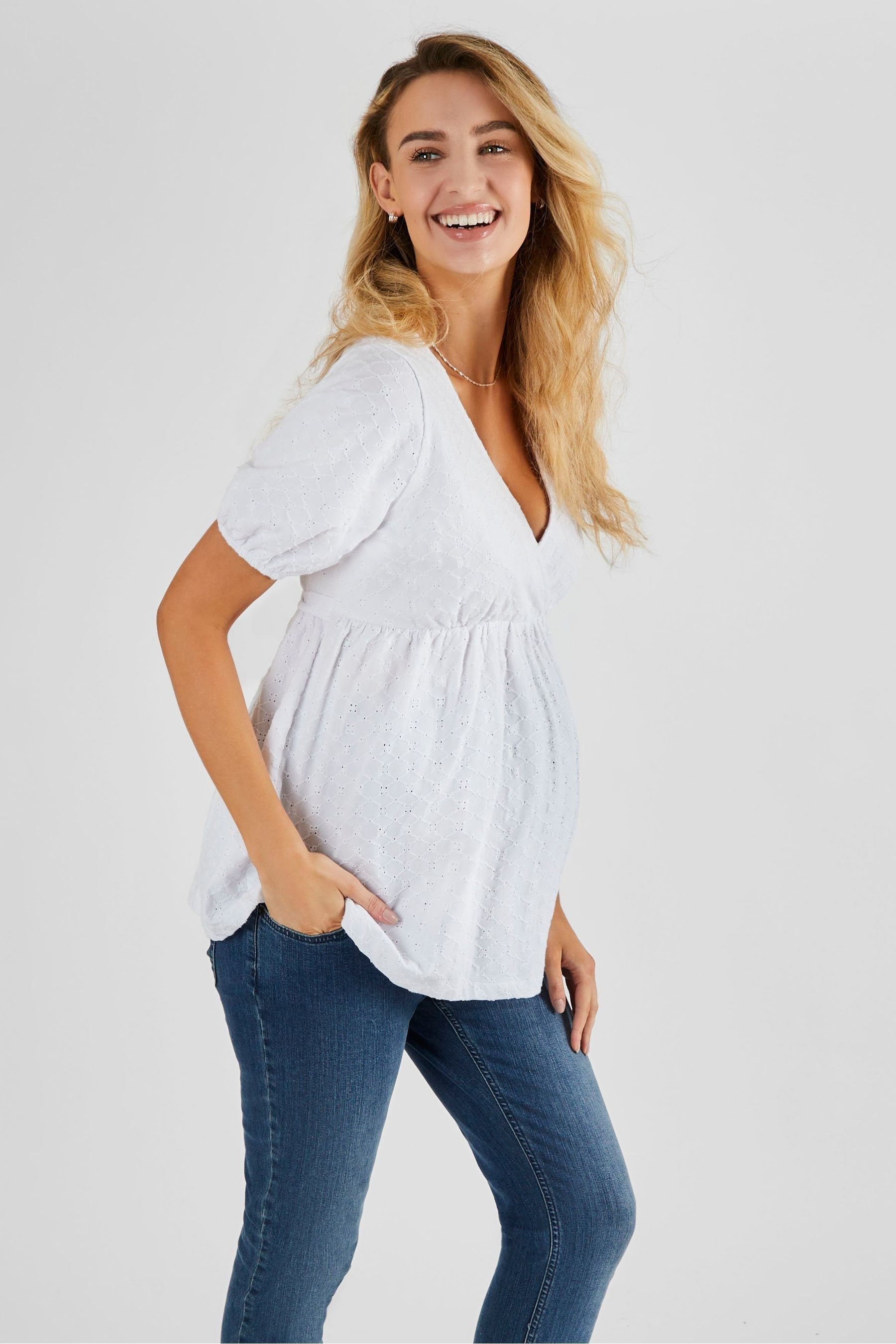 White JoJo Maman Bébé Broderie Maternity Top