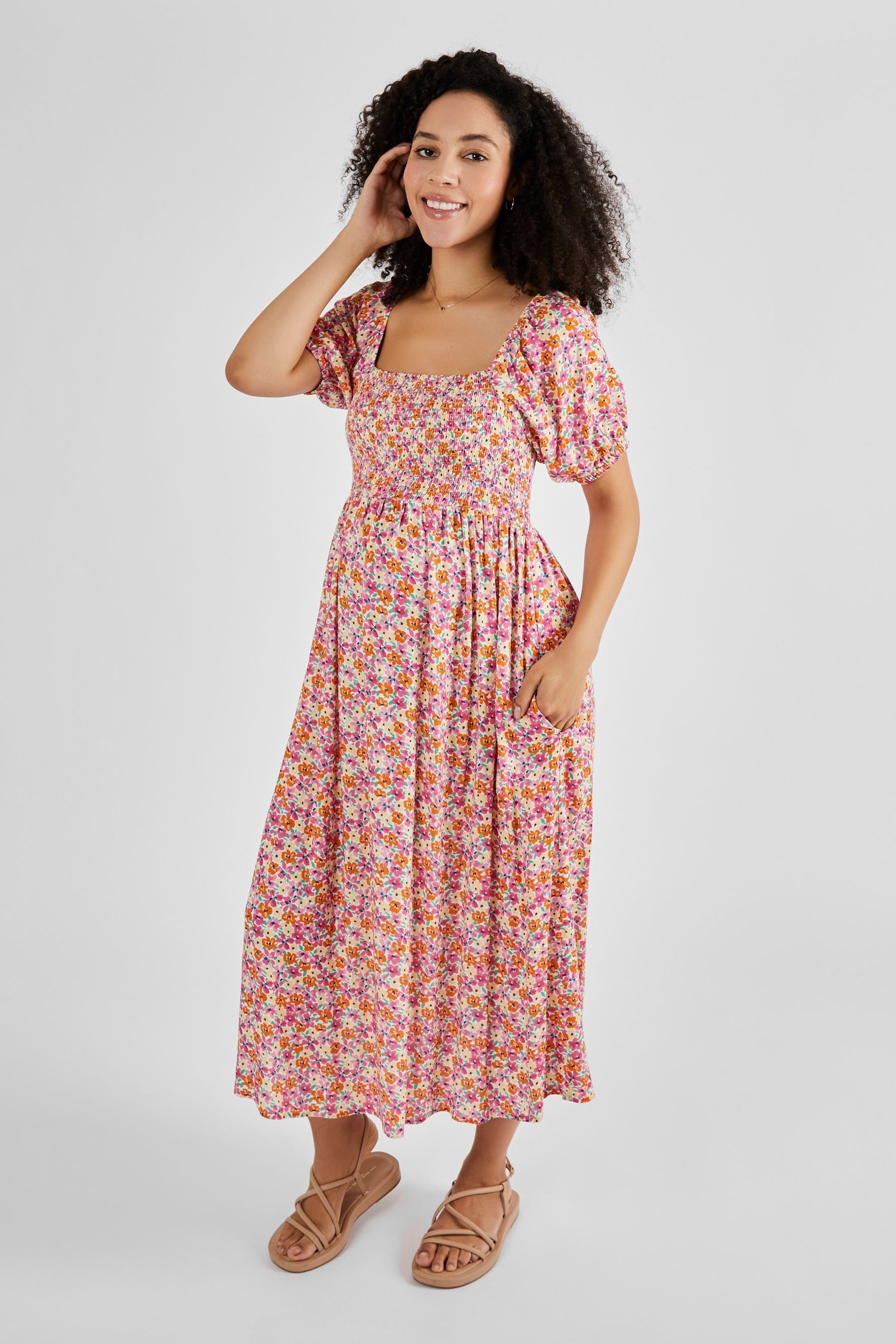 Coral Pink Floral JoJo Maman Bébé Shirred Maternity Midi Dress