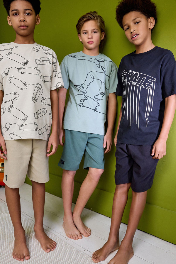 Black/Green/Cement Skateboard Textured 3 Pack Short Pyjamas (3-16yrs)