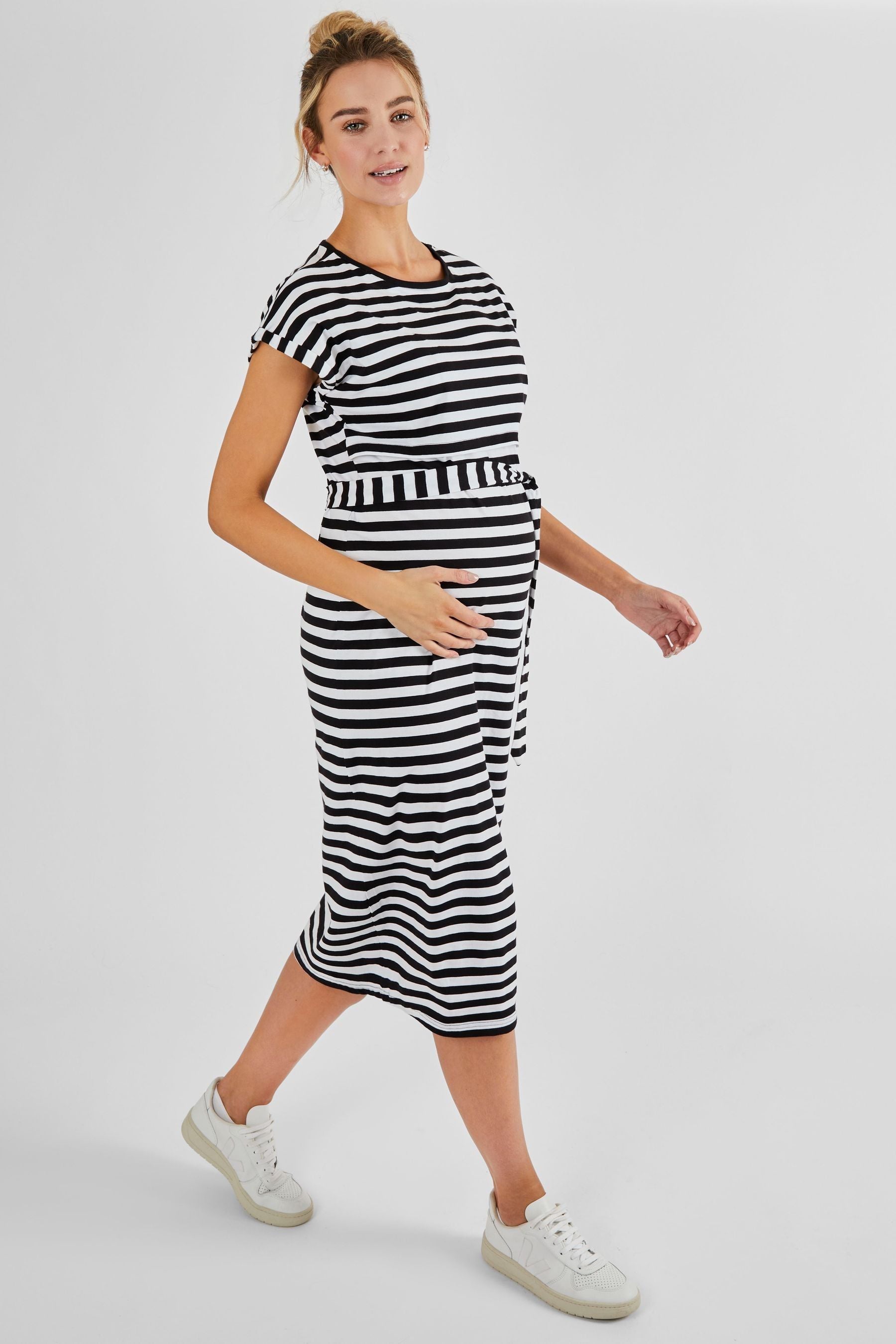 Black Cream Stripe JoJo Maman Bébé Maternity & Nursing Midi T-Shirt Dress