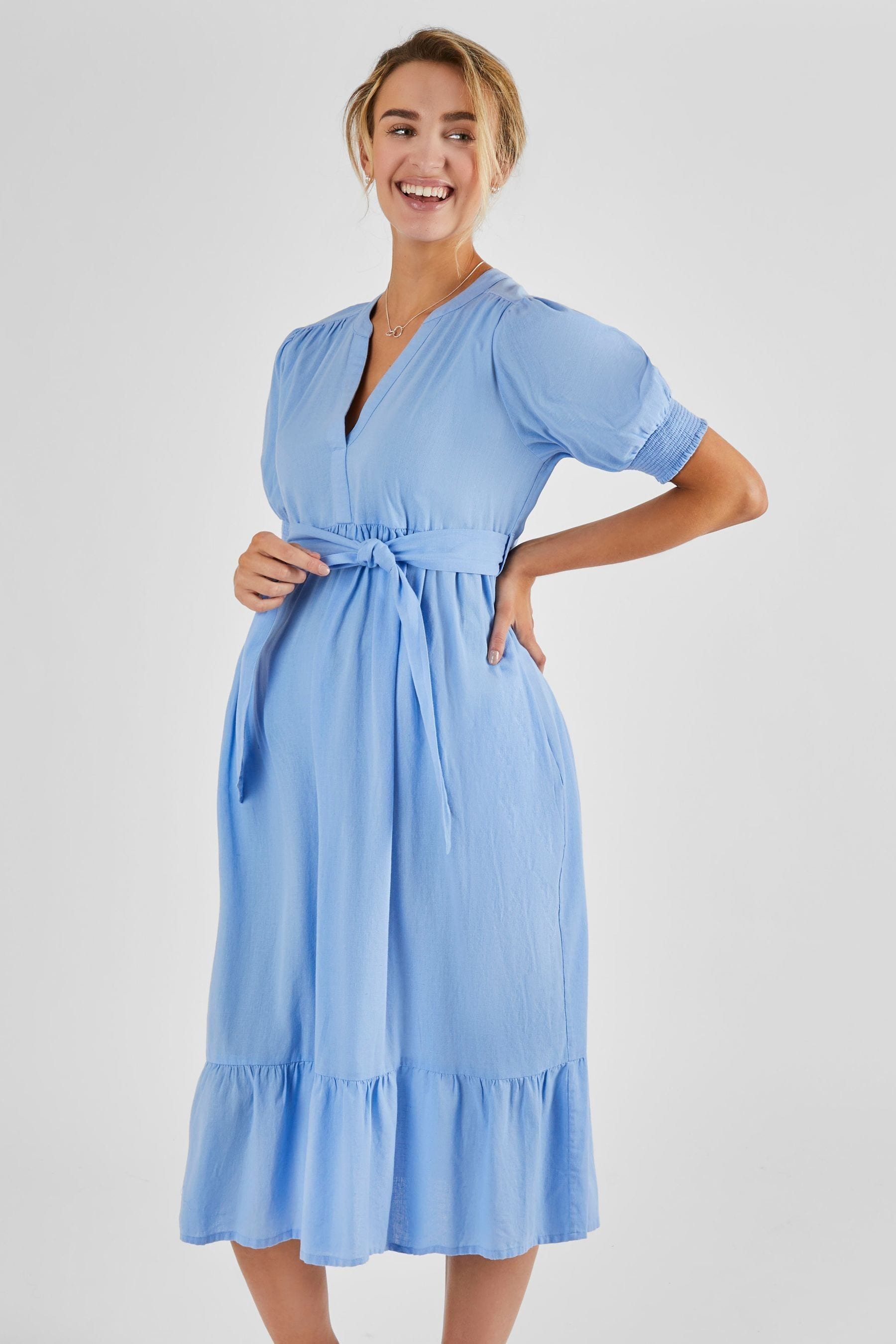 Blue JoJo Maman Bébé Linen Blend Maternity Midi Dress