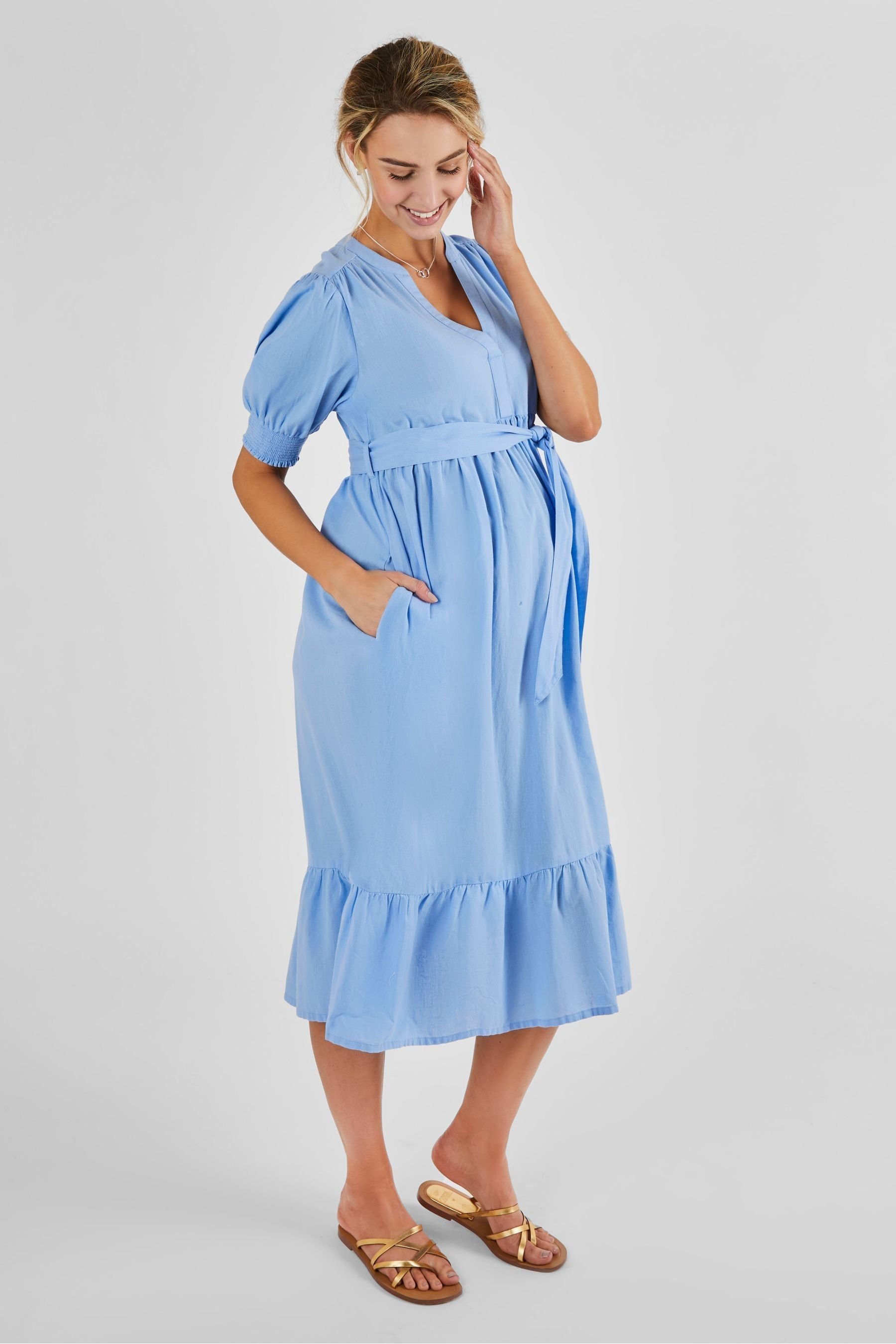 Blue JoJo Maman Bébé Linen Blend Maternity Midi Dress