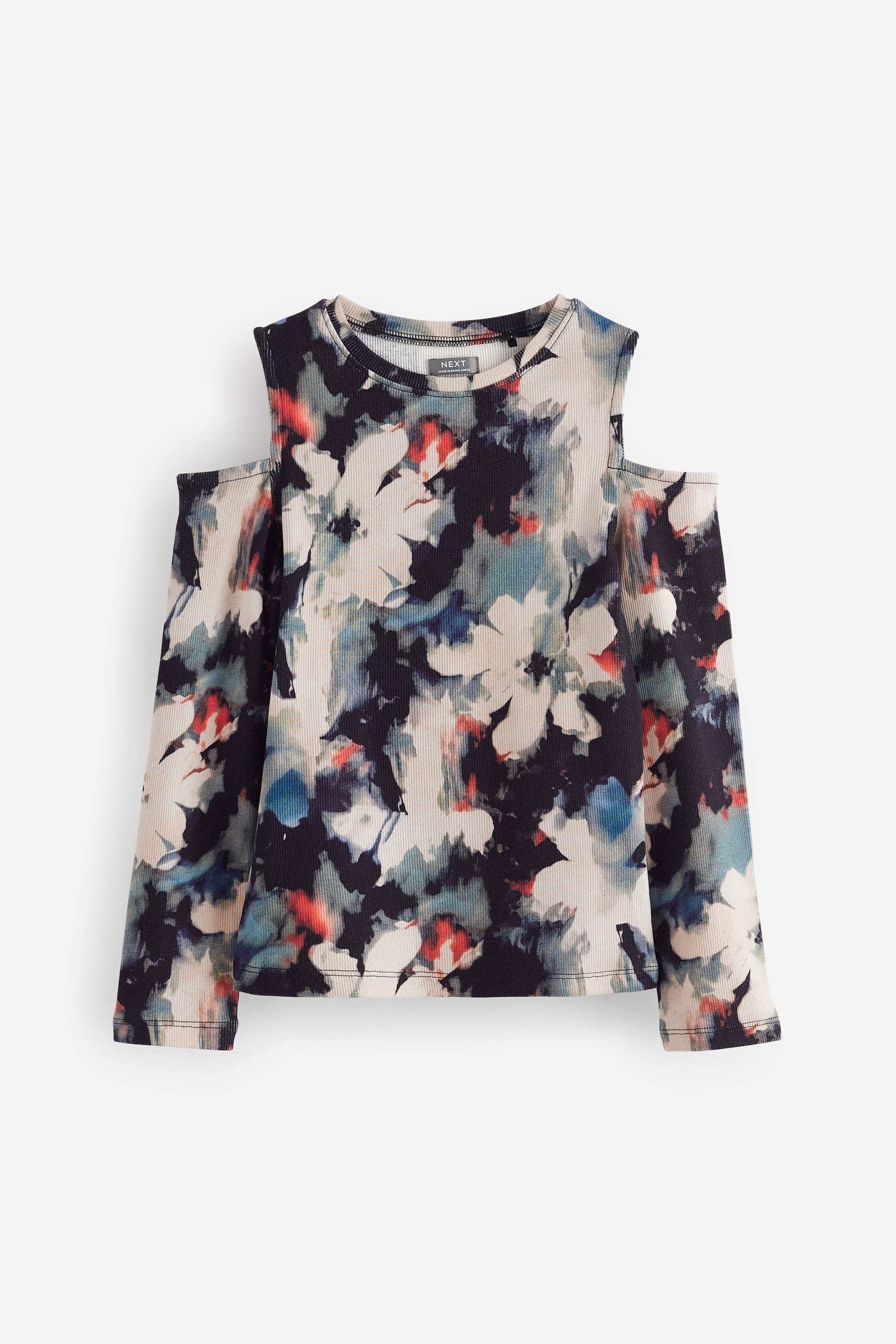 Black Floral Long Sleeve Cold Shoulder Rib T-Shirt (3-16yrs)