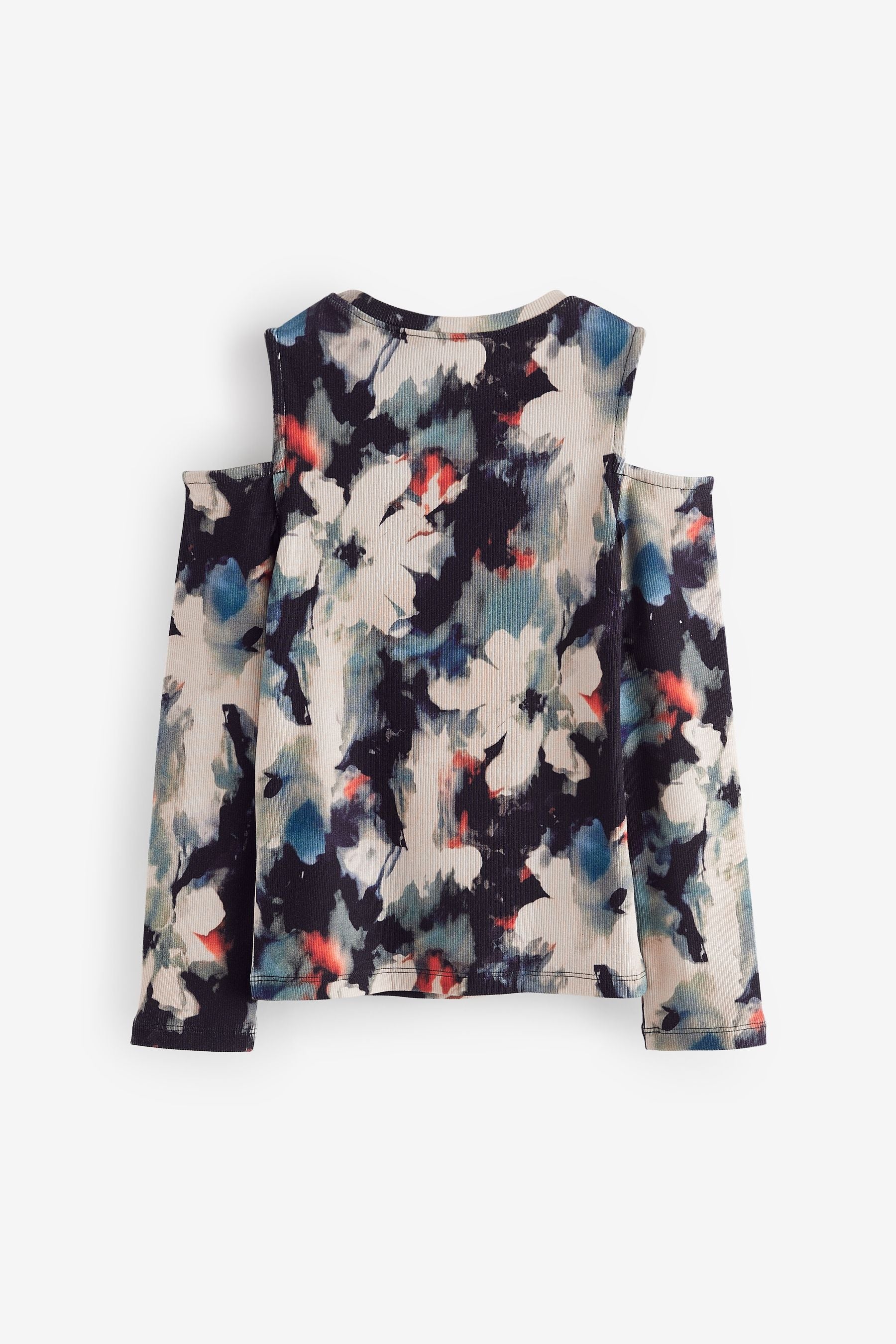 Black Floral Long Sleeve Cold Shoulder Rib T-Shirt (3-16yrs)