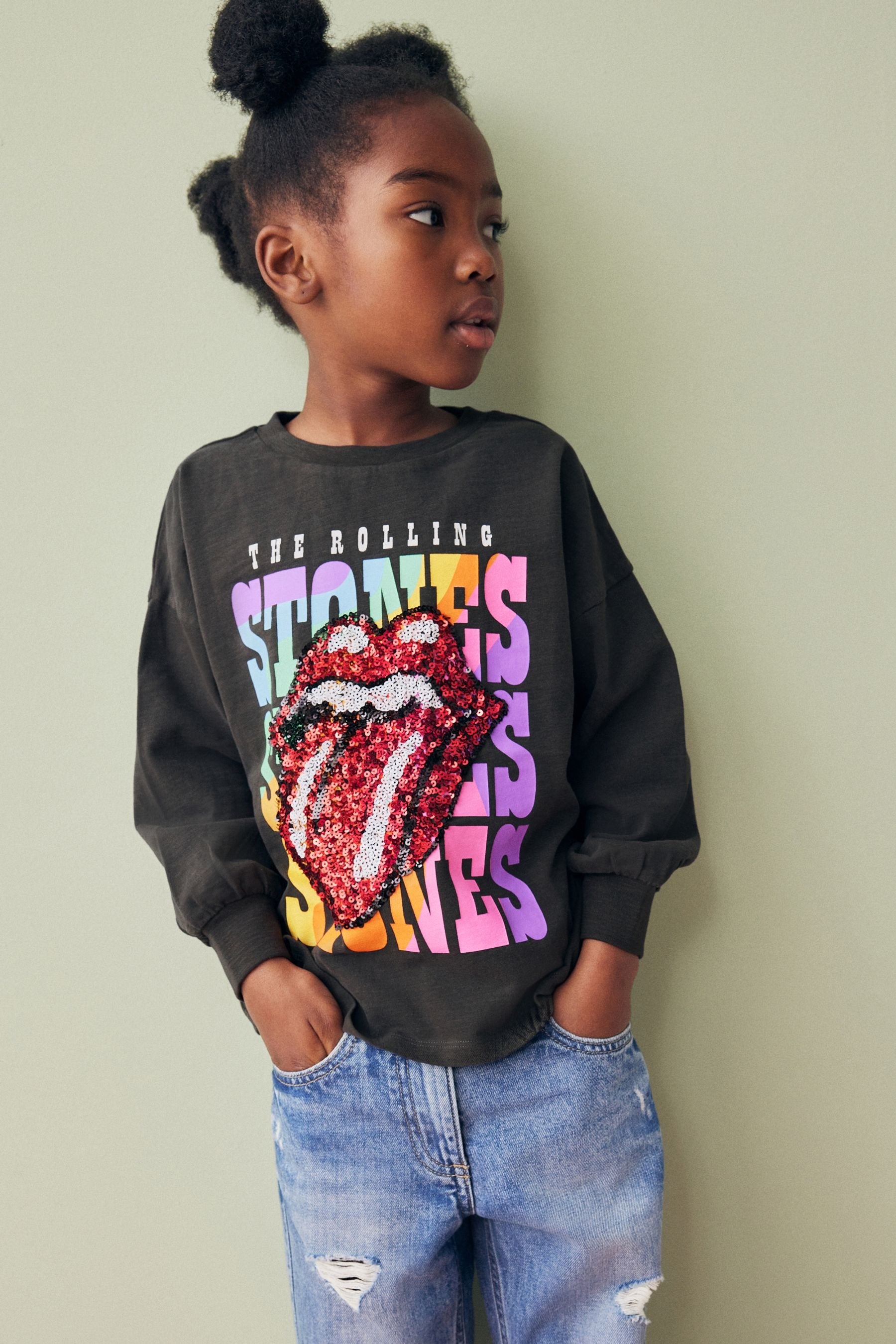 Charcoal Grey Sequin Rainbow Rolling Stones 100% Cotton Long Sleeve T-Shirt (3-16yrs)