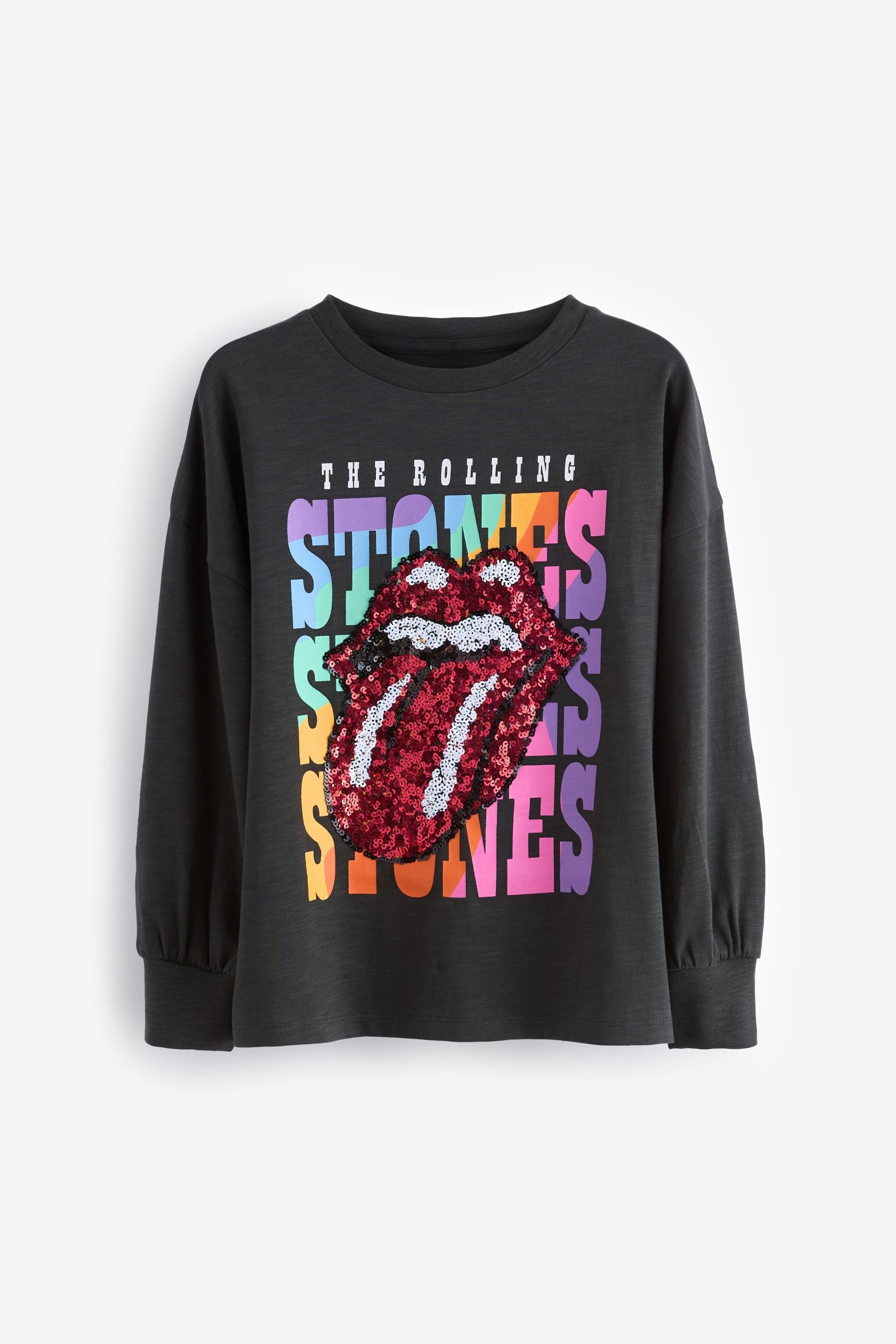 Charcoal Grey Sequin Rainbow Rolling Stones 100% Cotton Long Sleeve T-Shirt (3-16yrs)