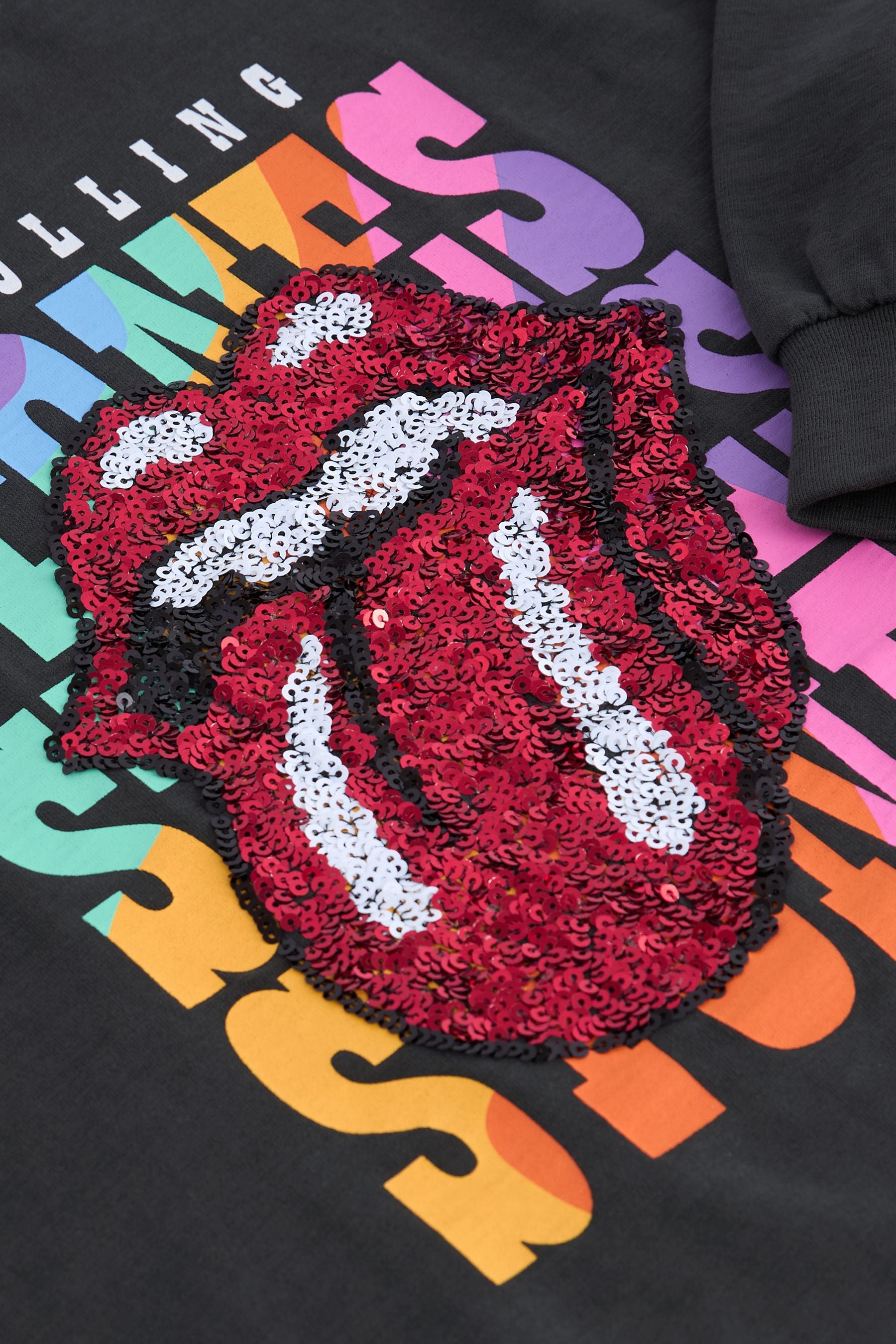 Charcoal Grey Sequin Rainbow Rolling Stones 100% Cotton Long Sleeve T-Shirt (3-16yrs)