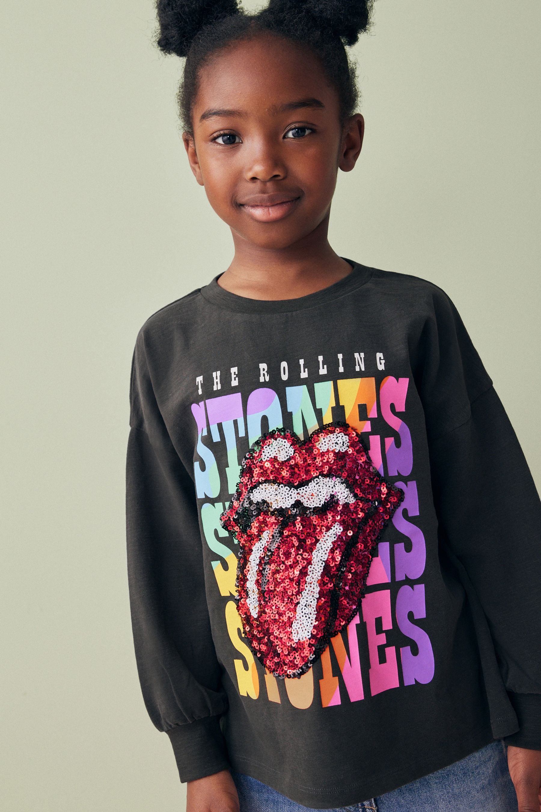 Charcoal Grey Sequin Rainbow Rolling Stones 100% Cotton Long Sleeve T-Shirt (3-16yrs)