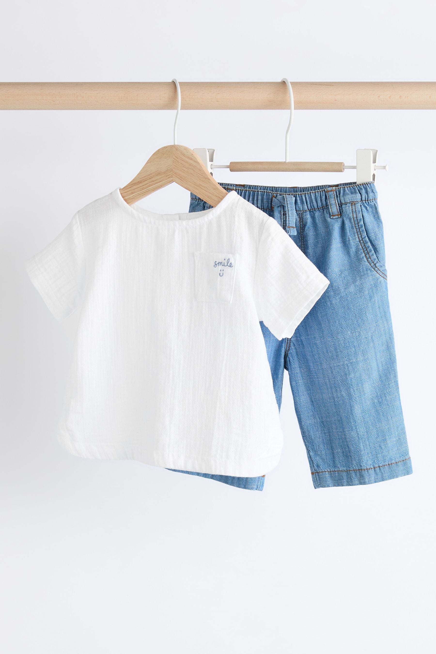 Denim/White 100% Cotton Top and Trousers Baby Set (0mths-2yrs)