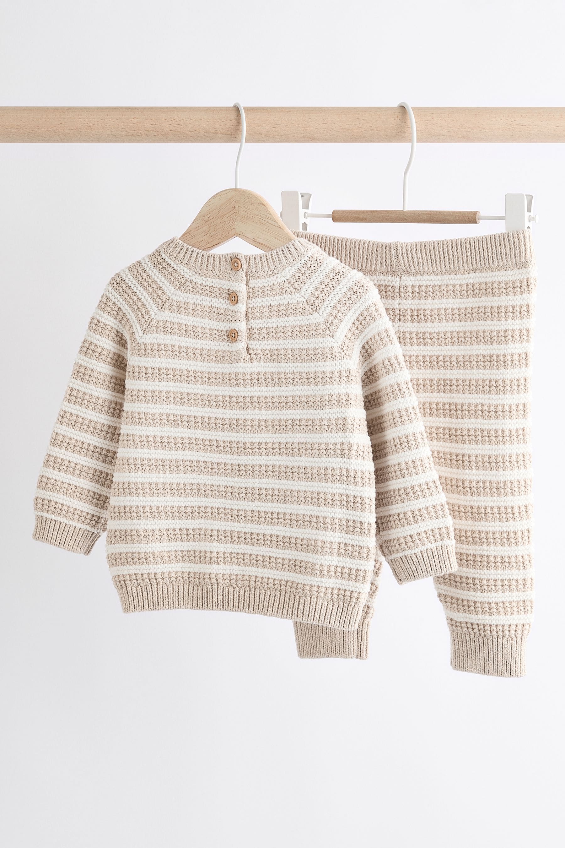 Neutral Stripe Knitted Baby 100% Cotton Jumper and Leggings Set (0mths-2yrs)