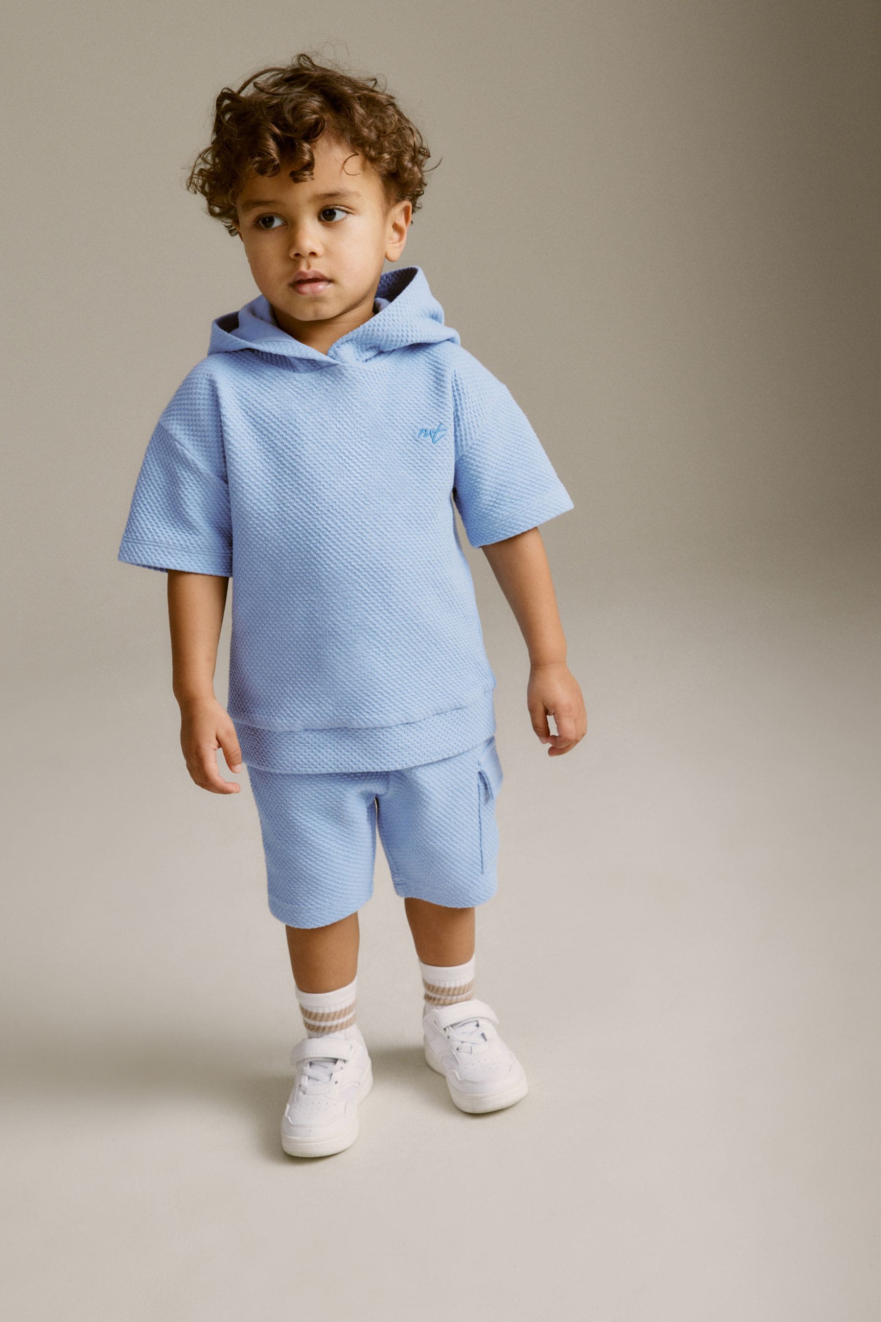 Teal Blue Short Sleeve Textured Hoodie and Shorts Set (3mths-7yrs)