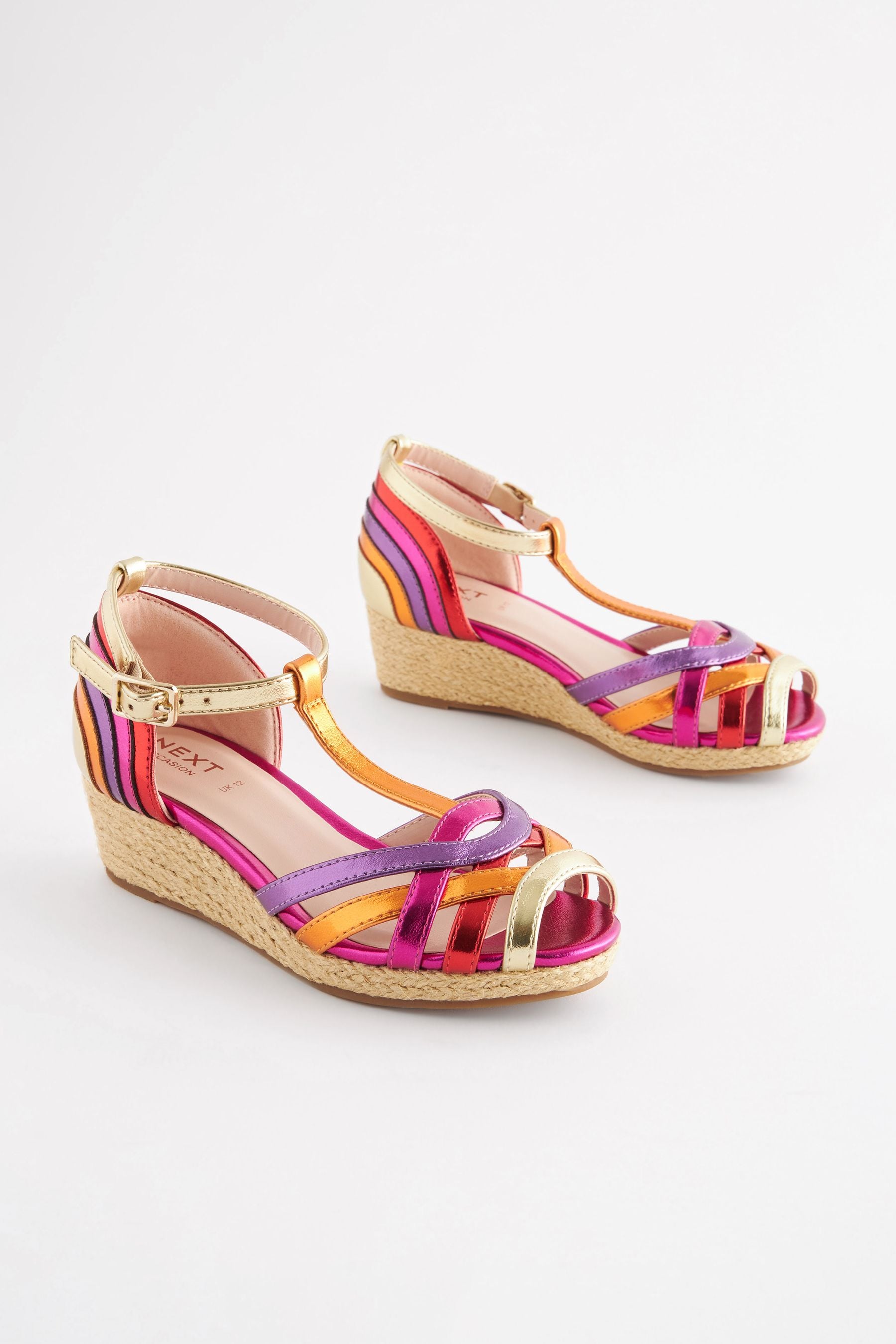 Bright Rainbow Woven Wedge Ankle Strap Sandals