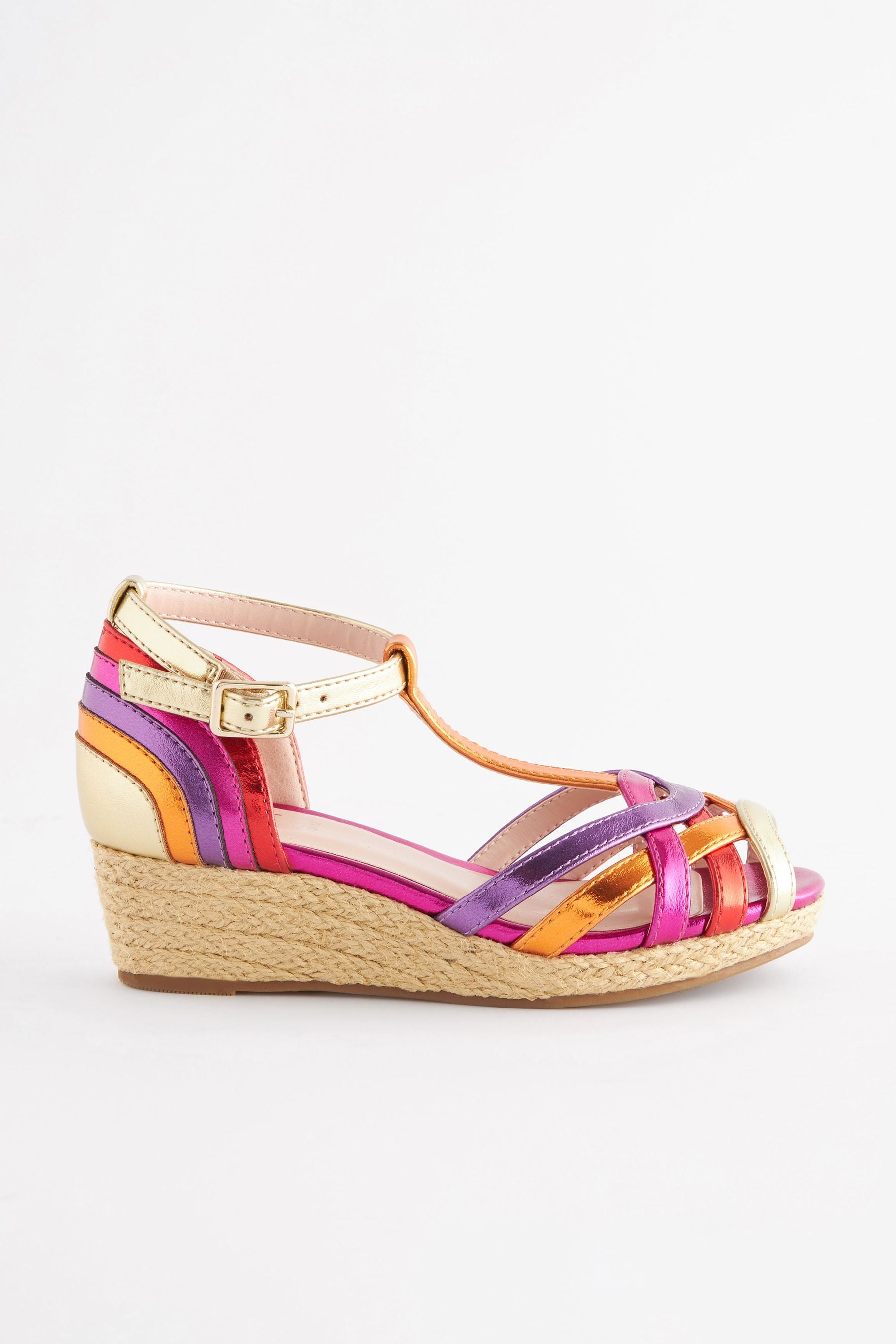 Bright Rainbow Woven Wedge Ankle Strap Sandals