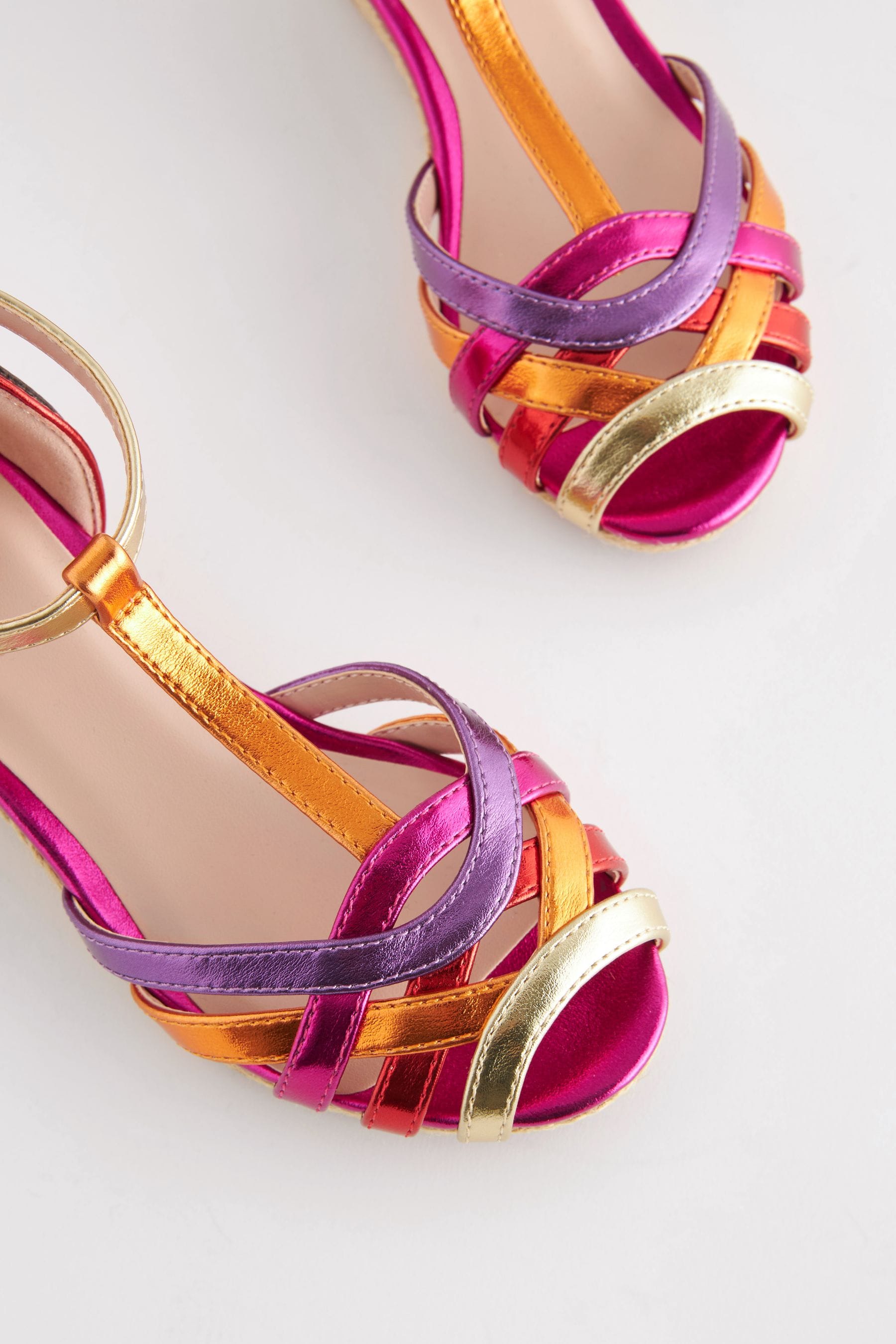 Bright Rainbow Woven Wedge Ankle Strap Sandals