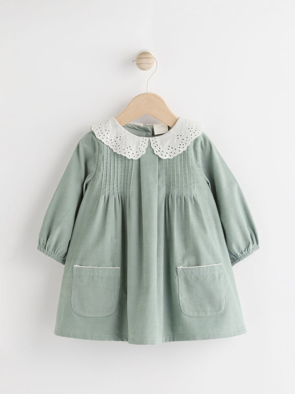 Sage Green Baby Collared Woven Dress With Tights (0mths-2yrs)