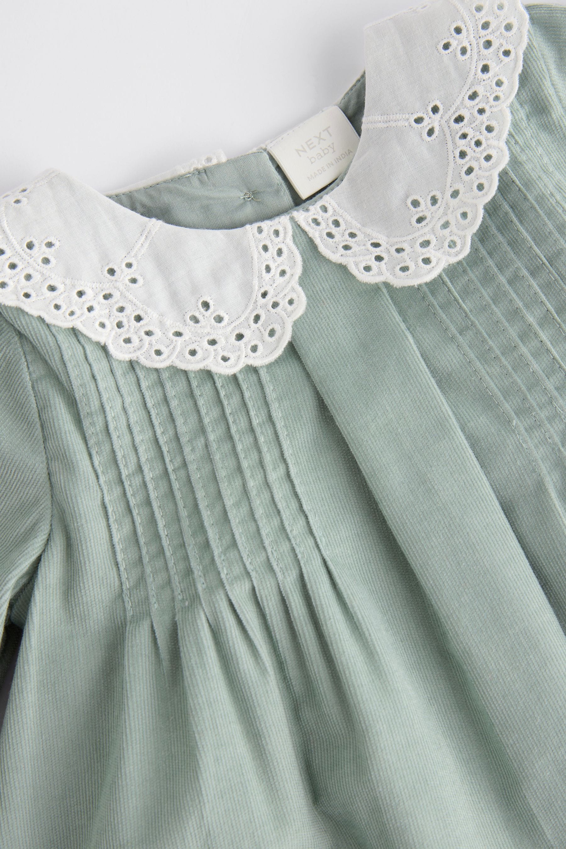 Sage Green Baby Collared Woven Dress With Tights (0mths-2yrs)