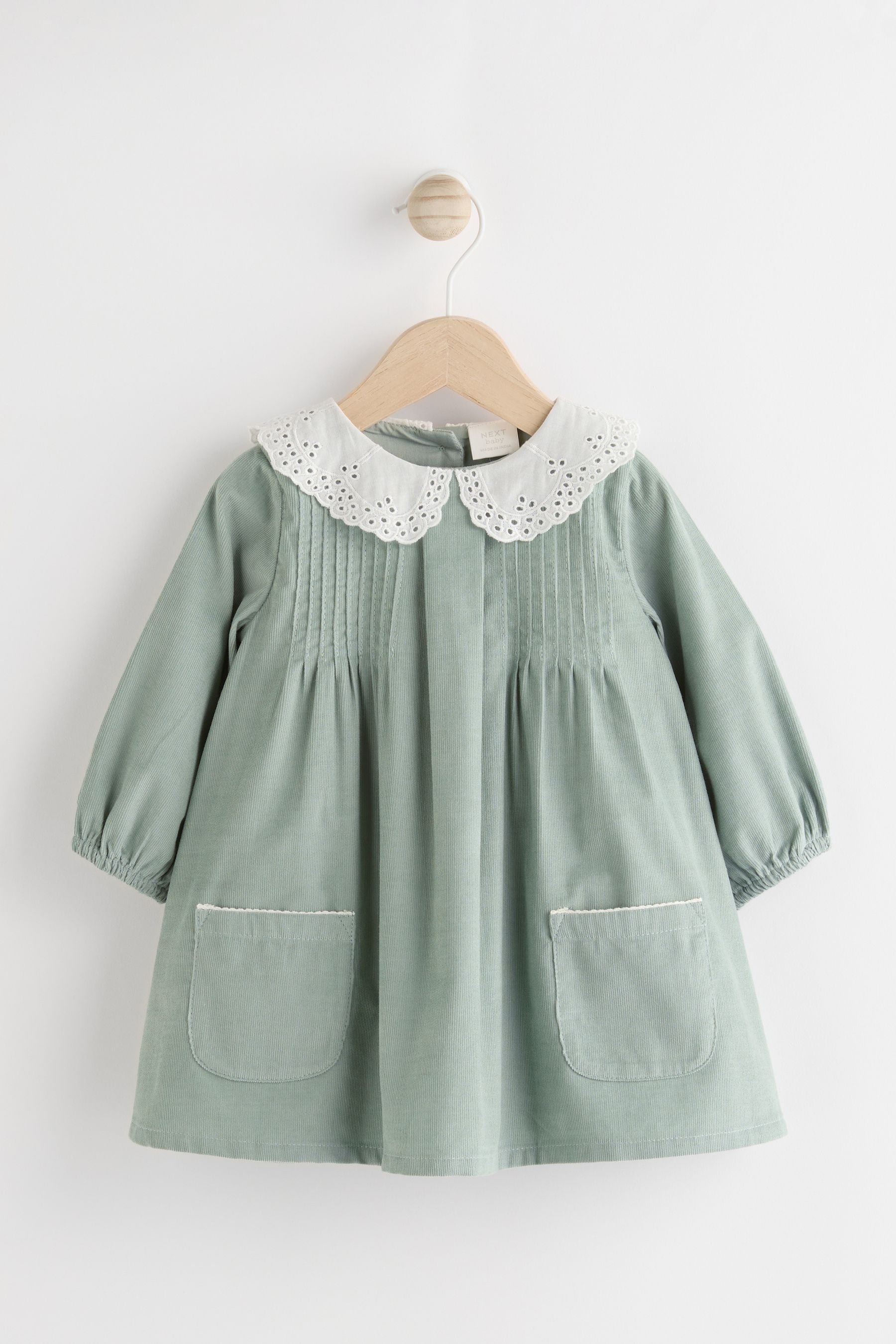 Sage Green Baby Collared Woven Dress With Tights (0mths-2yrs)