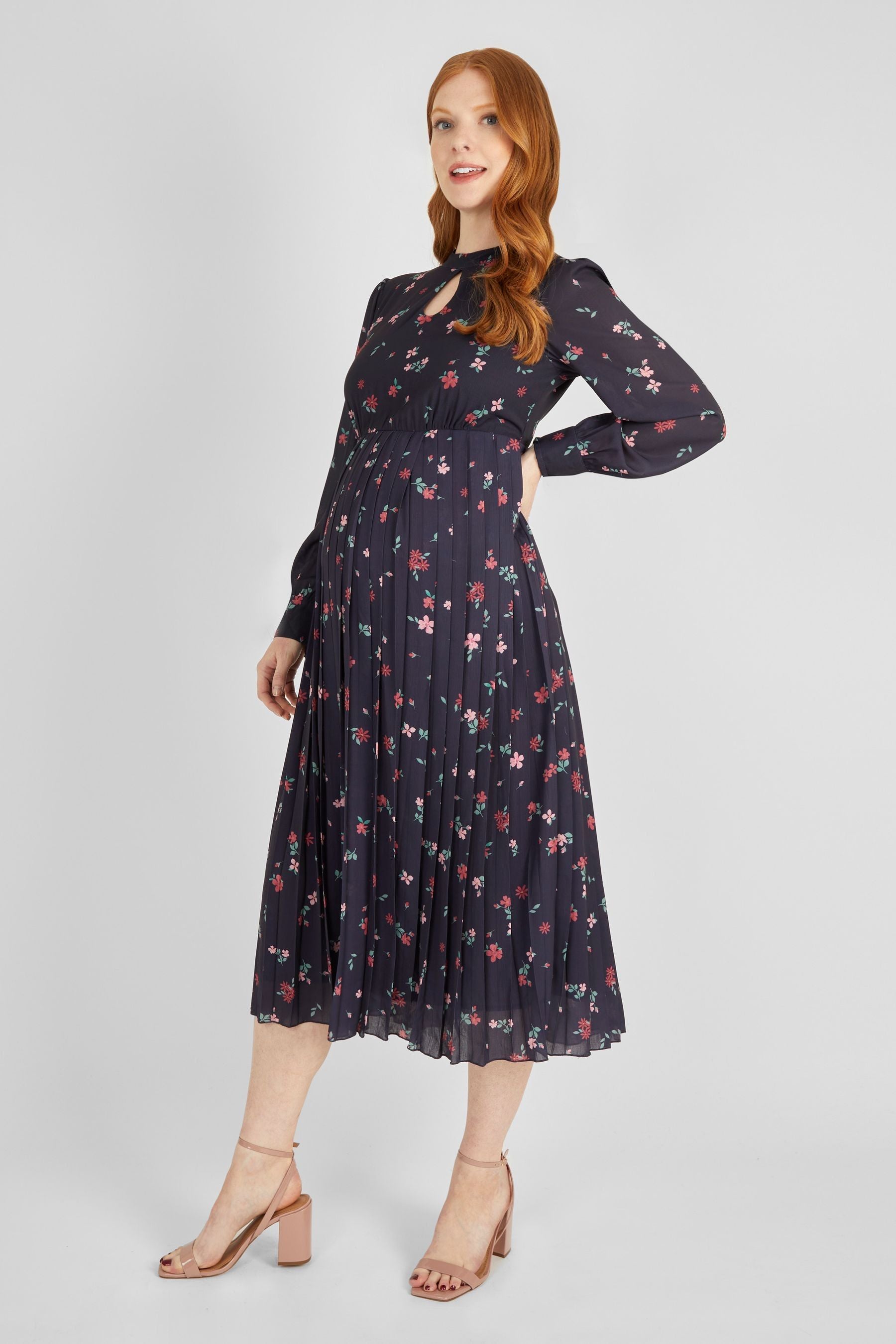 Navy JoJo Maman Bébé Floral Pleated Maternity Dress