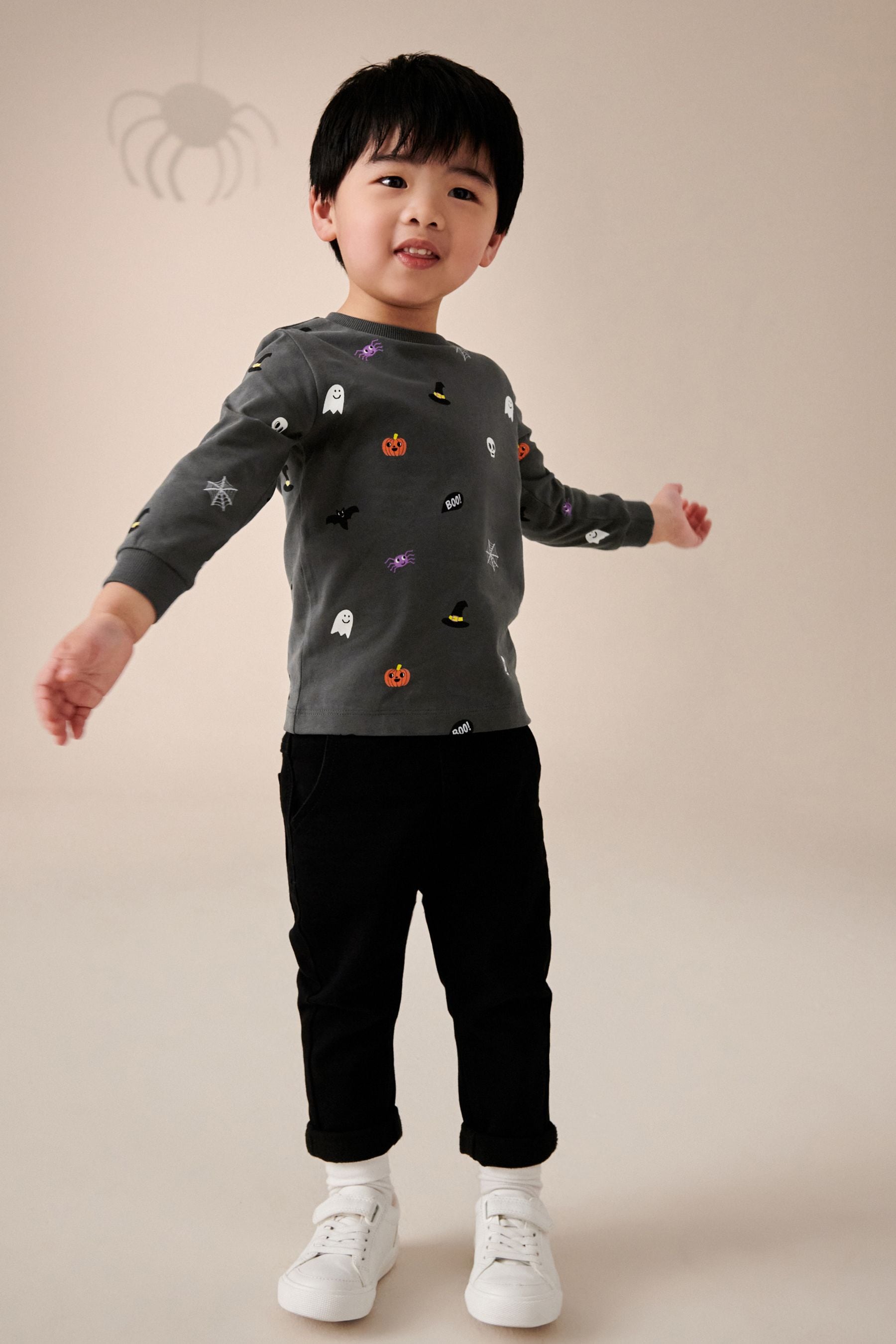 Charcoal Grey Halloween 100% Cotton Long Sleeve T-Shirt (3mths-7yrs)