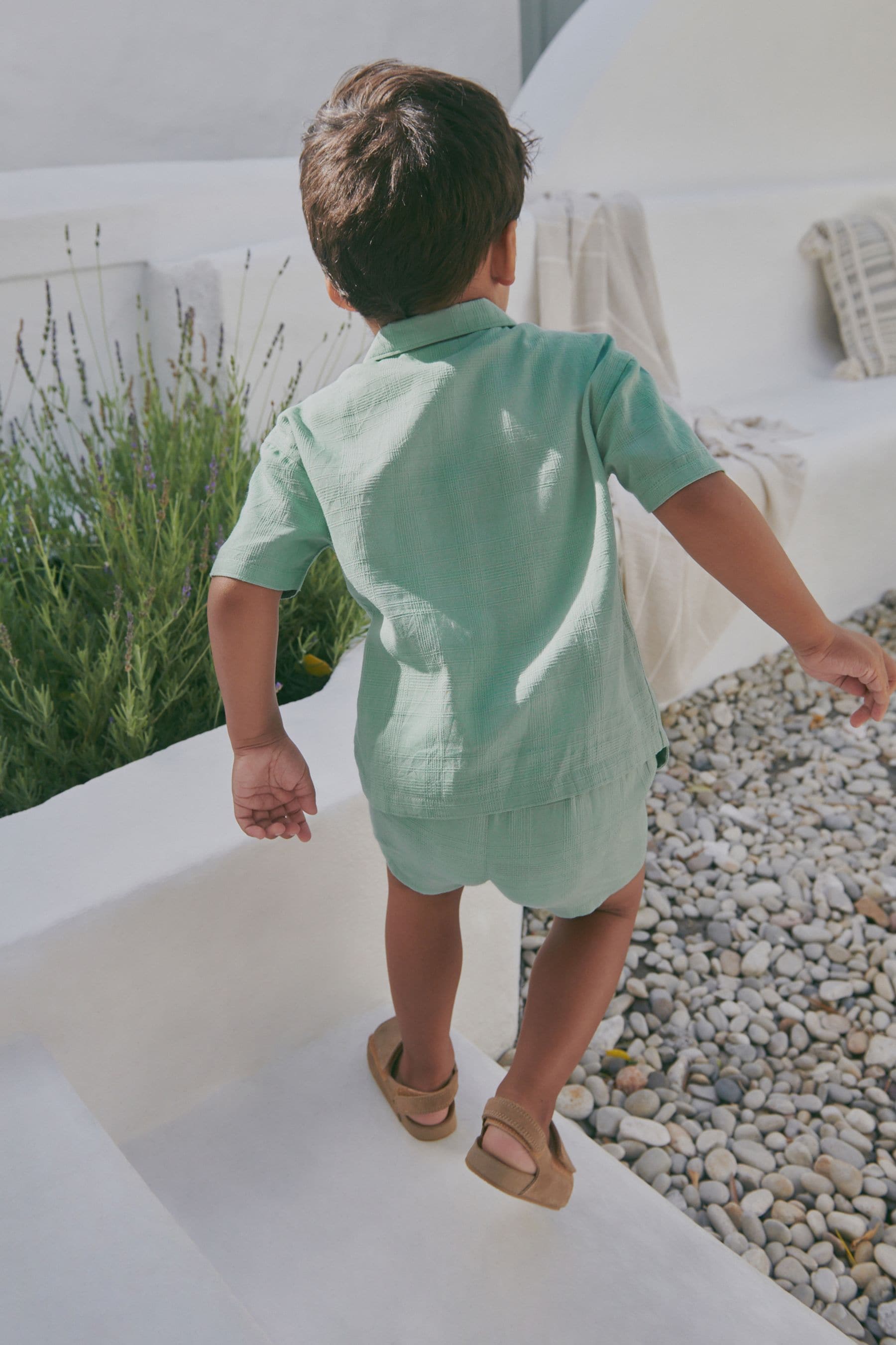 Green Short Sleeves Textured 100% Cotton Shirt and Shorts Set (3mths-7yrs)