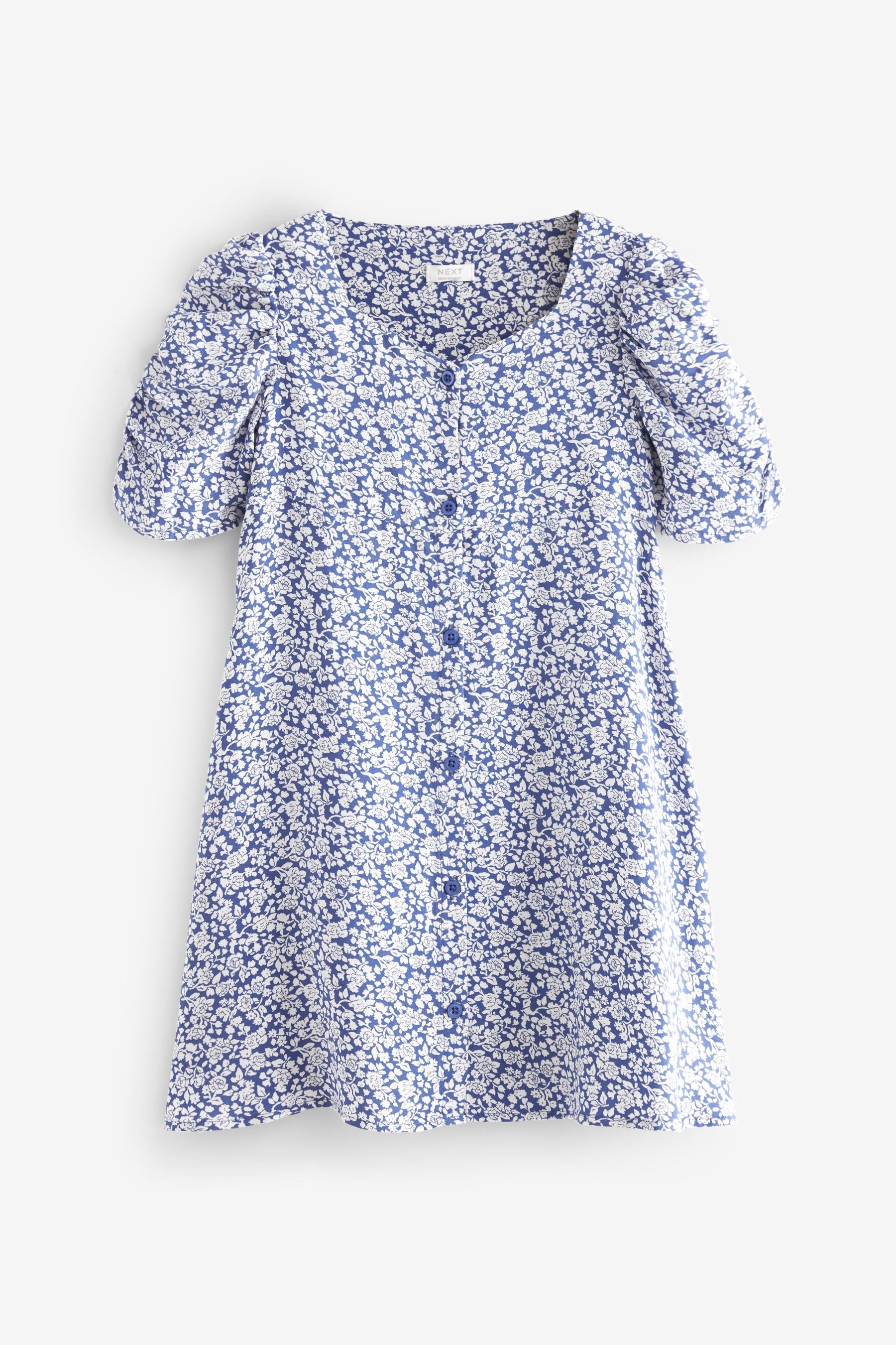 Blue Floral Ruched Sleeve Tea Dress (3-16yrs)