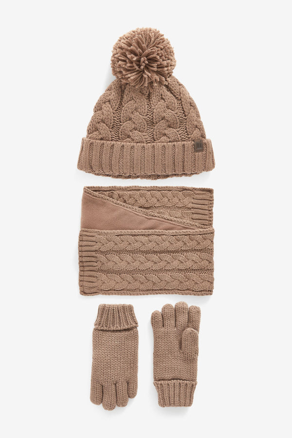 Mocha Brown Knitted Hat, Gloves and Scarf 3 Piece Set (3-16yrs)