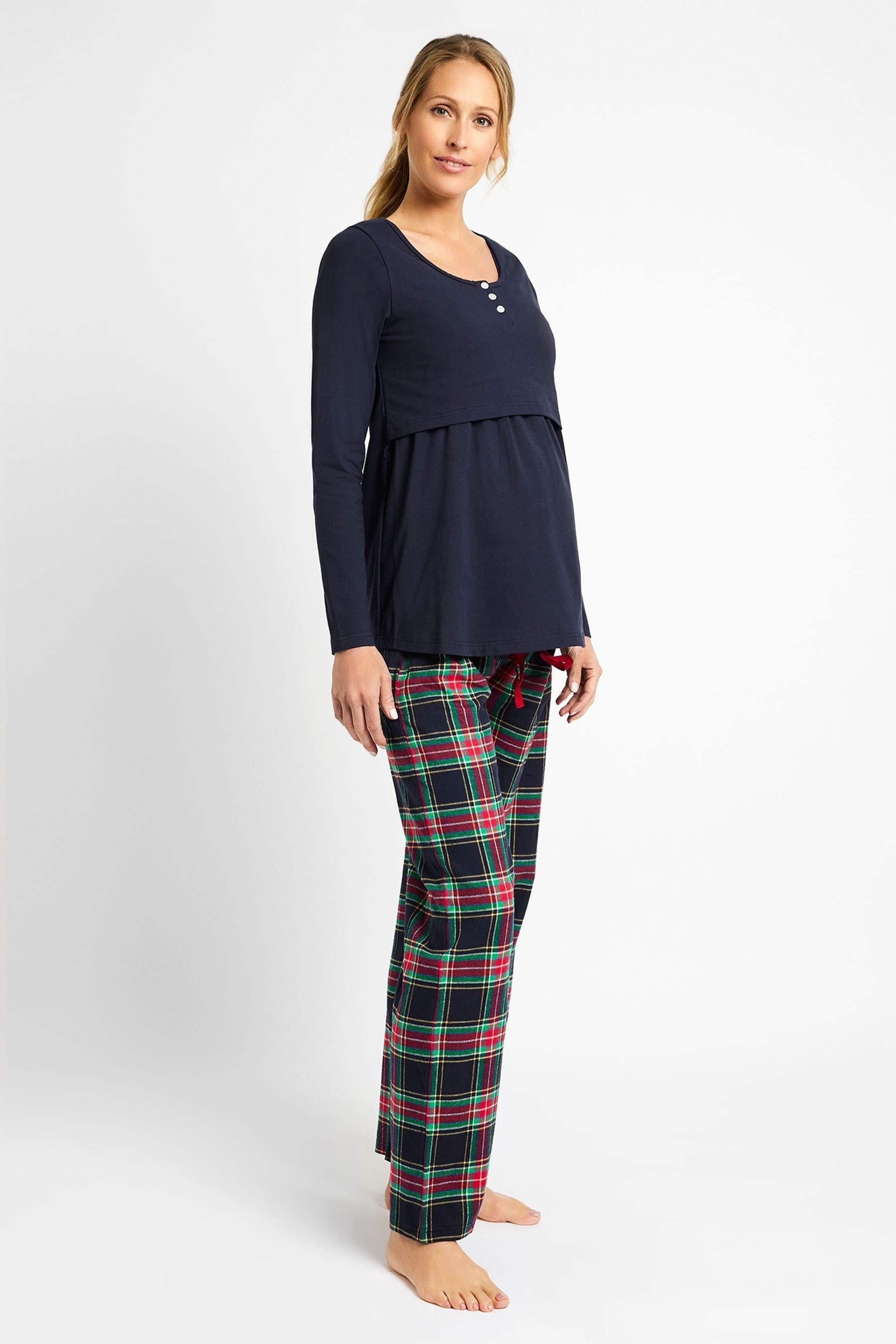 JoJo Maman Bébé Navy Check Maternity & Nursing Pyjama Set