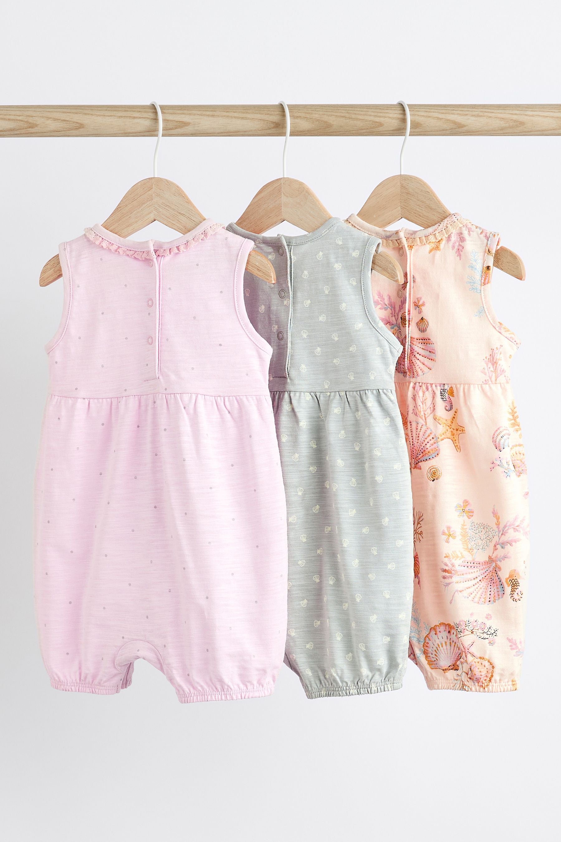 Grey Seashell Print Baby Vest Rompers 3 Pack